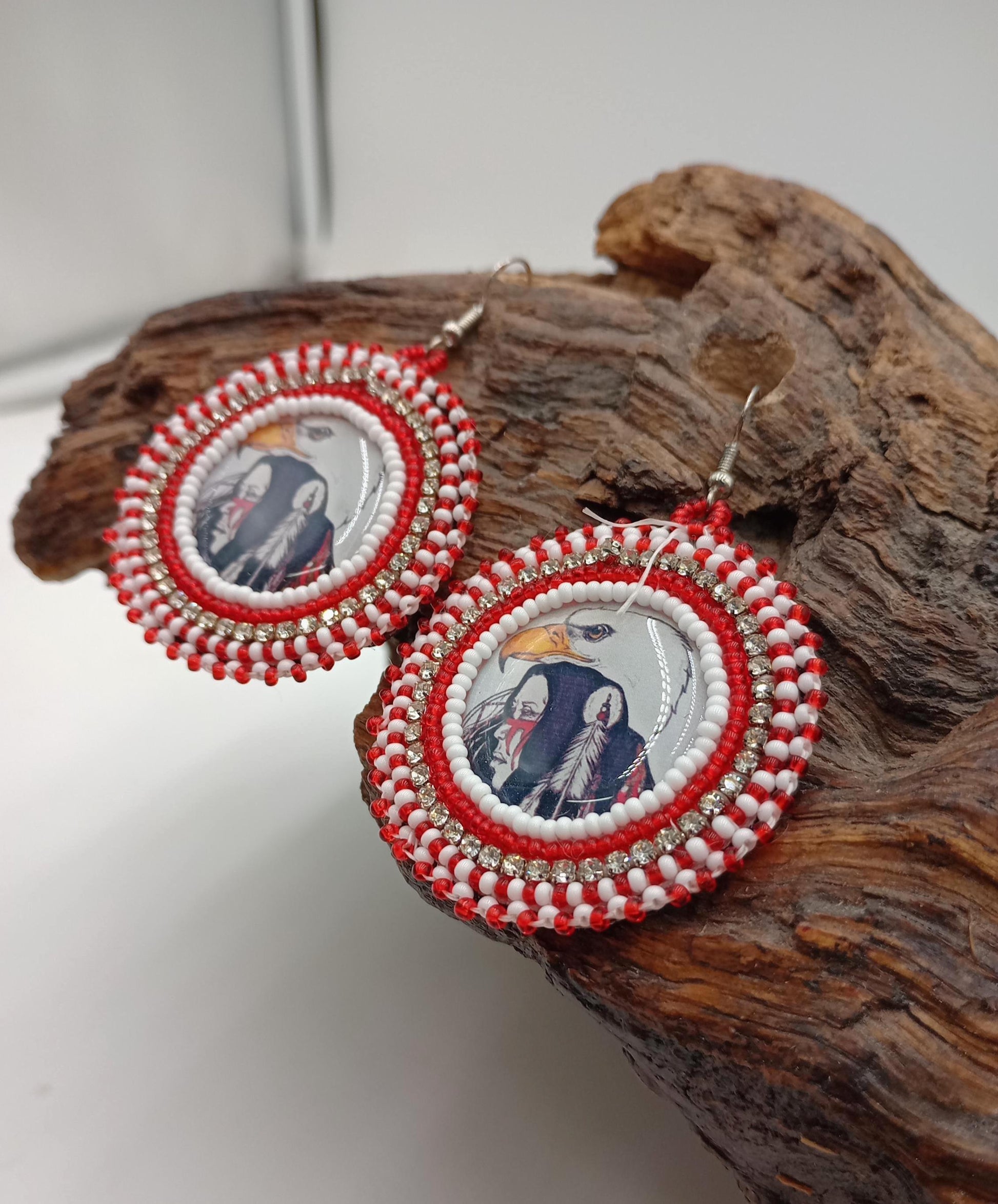 Hand Beaded Anishinaabe/Ojibwe Earrings: Red, Black, & Reflective