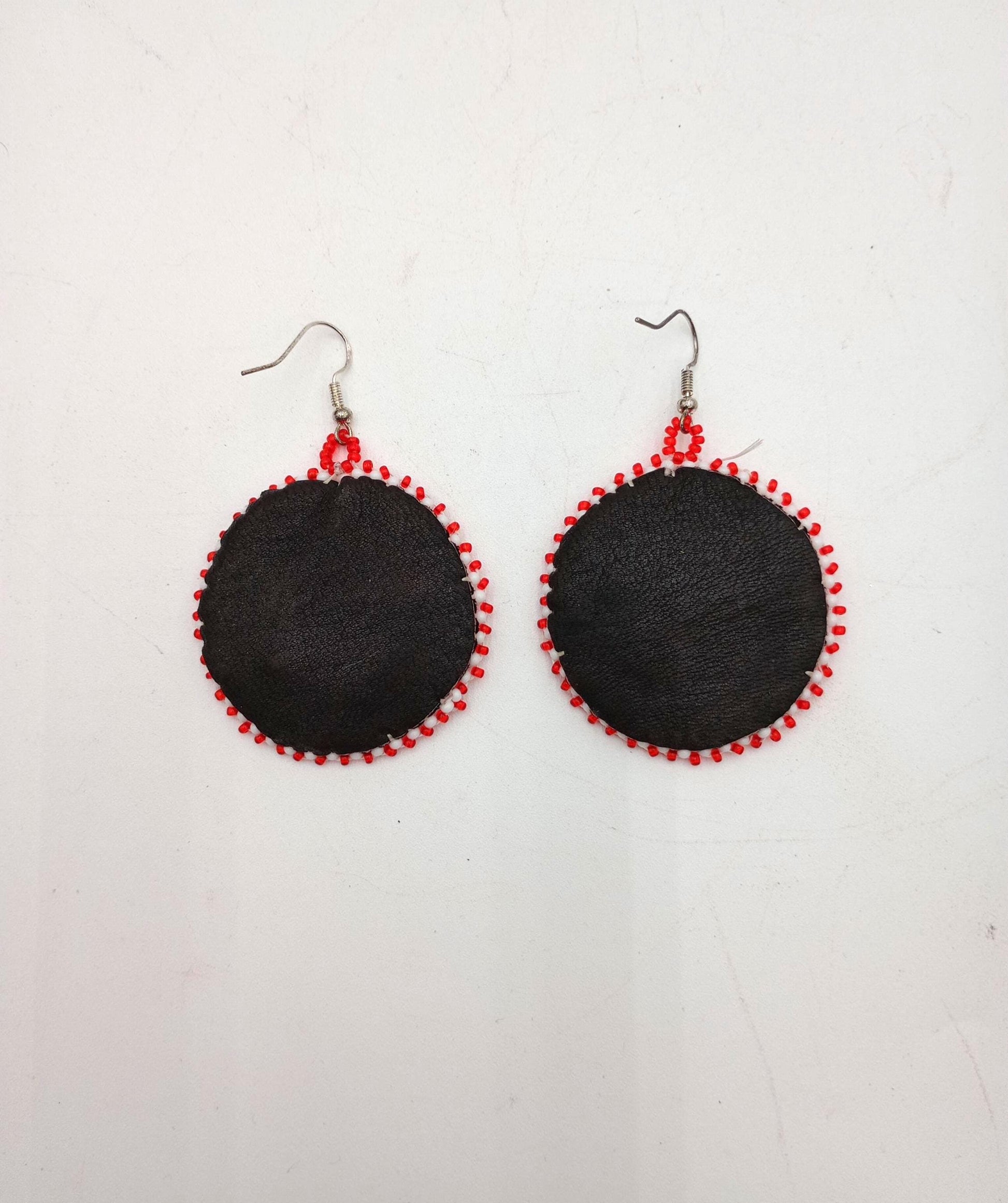 Hand Beaded Anishinaabe/Ojibwe Earrings: Red, Black, & Reflective