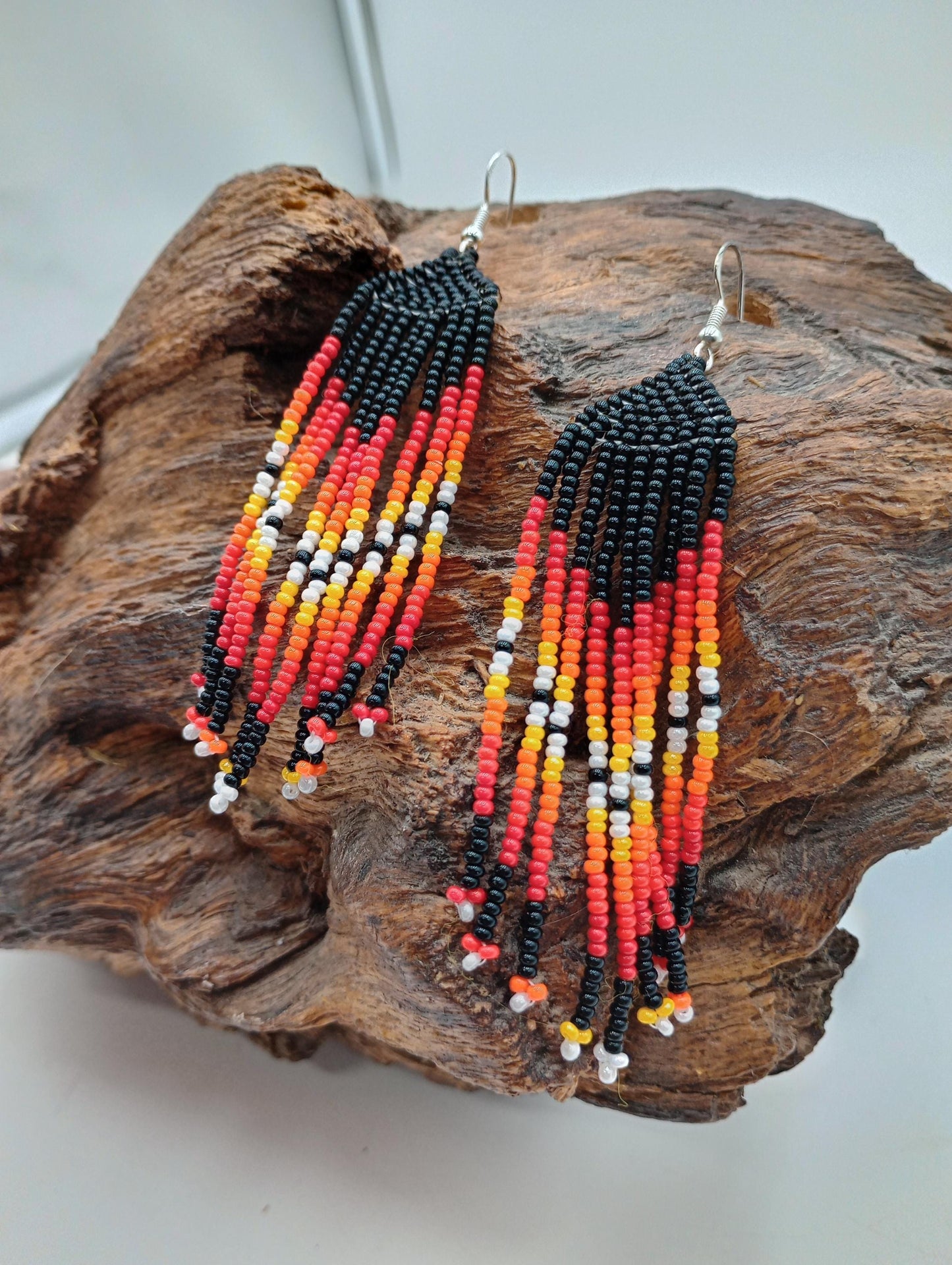 Hand Beaded Fire Color Fringe Earrings - Authentic Anishinaabe/Ojibwe Beadwork -