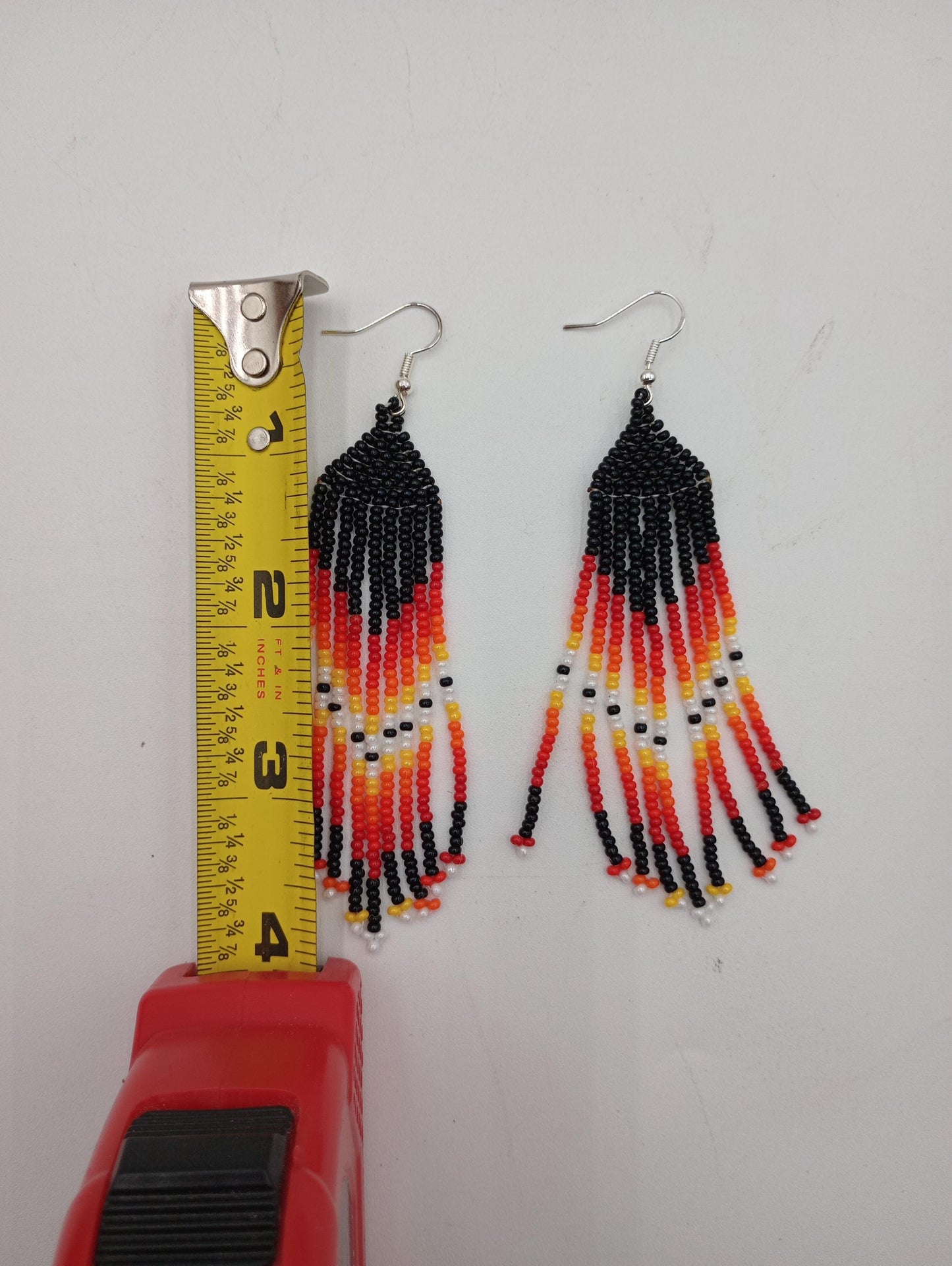 Hand Beaded Fire Color Fringe Earrings - Authentic Anishinaabe/Ojibwe Beadwork -