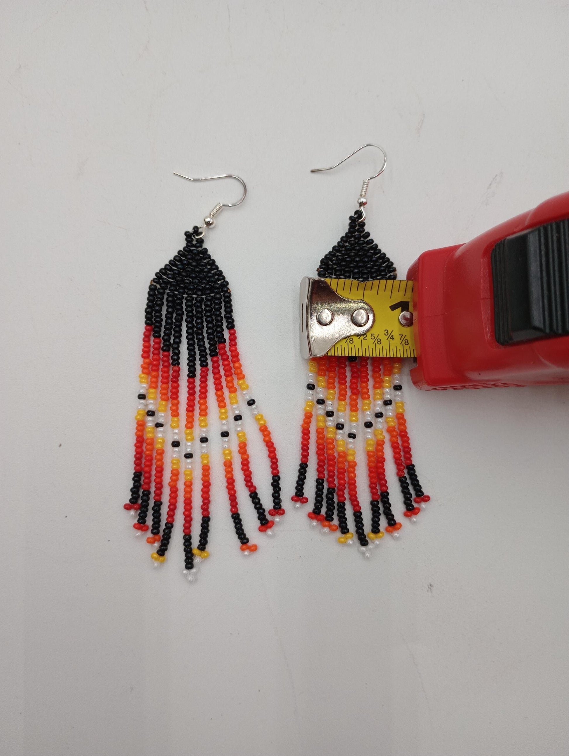 Hand Beaded Fire Color Fringe Earrings - Authentic Anishinaabe/Ojibwe Beadwork -