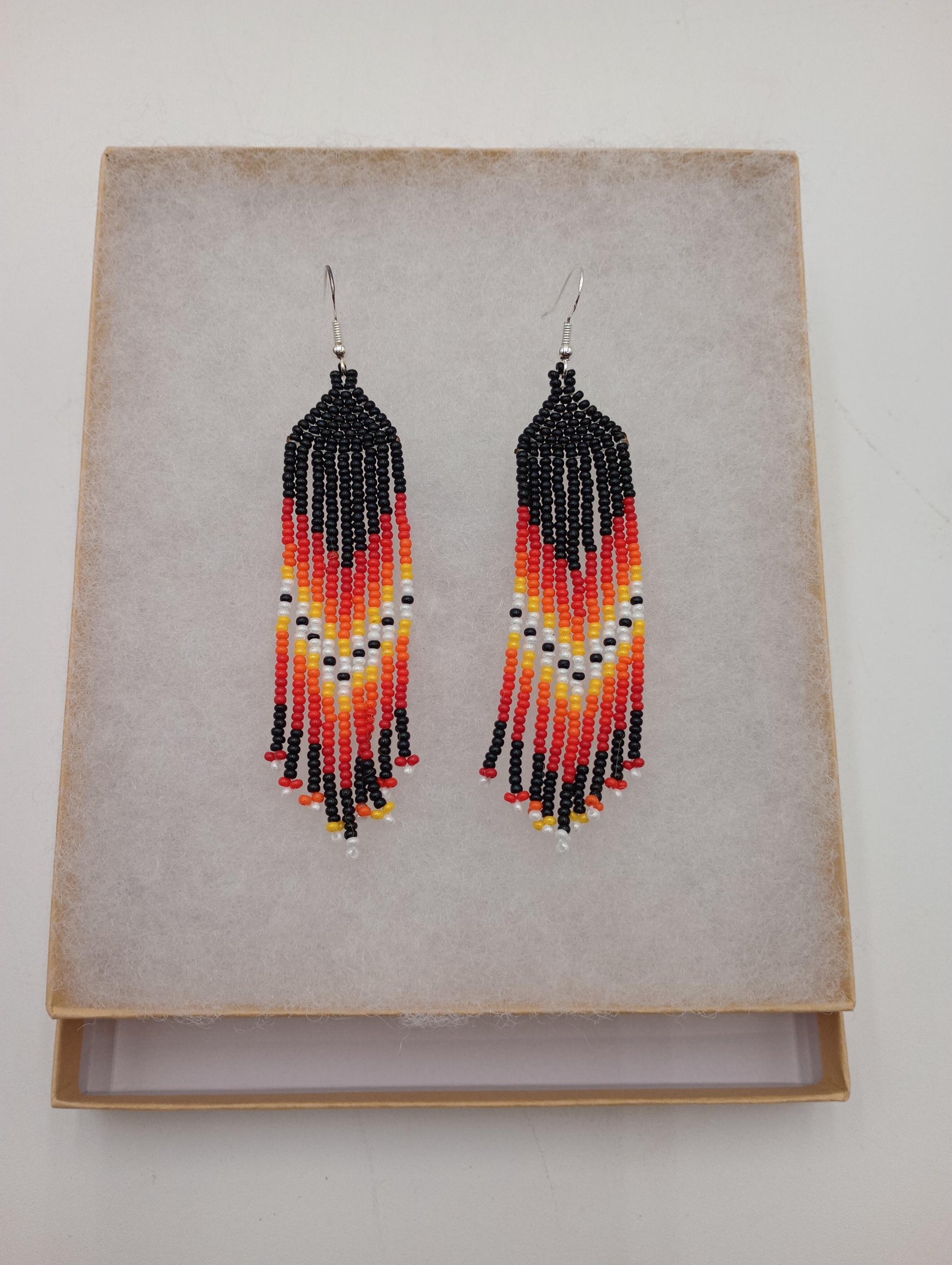 Hand Beaded Fire Color Fringe Earrings - Authentic Anishinaabe/Ojibwe Beadwork -