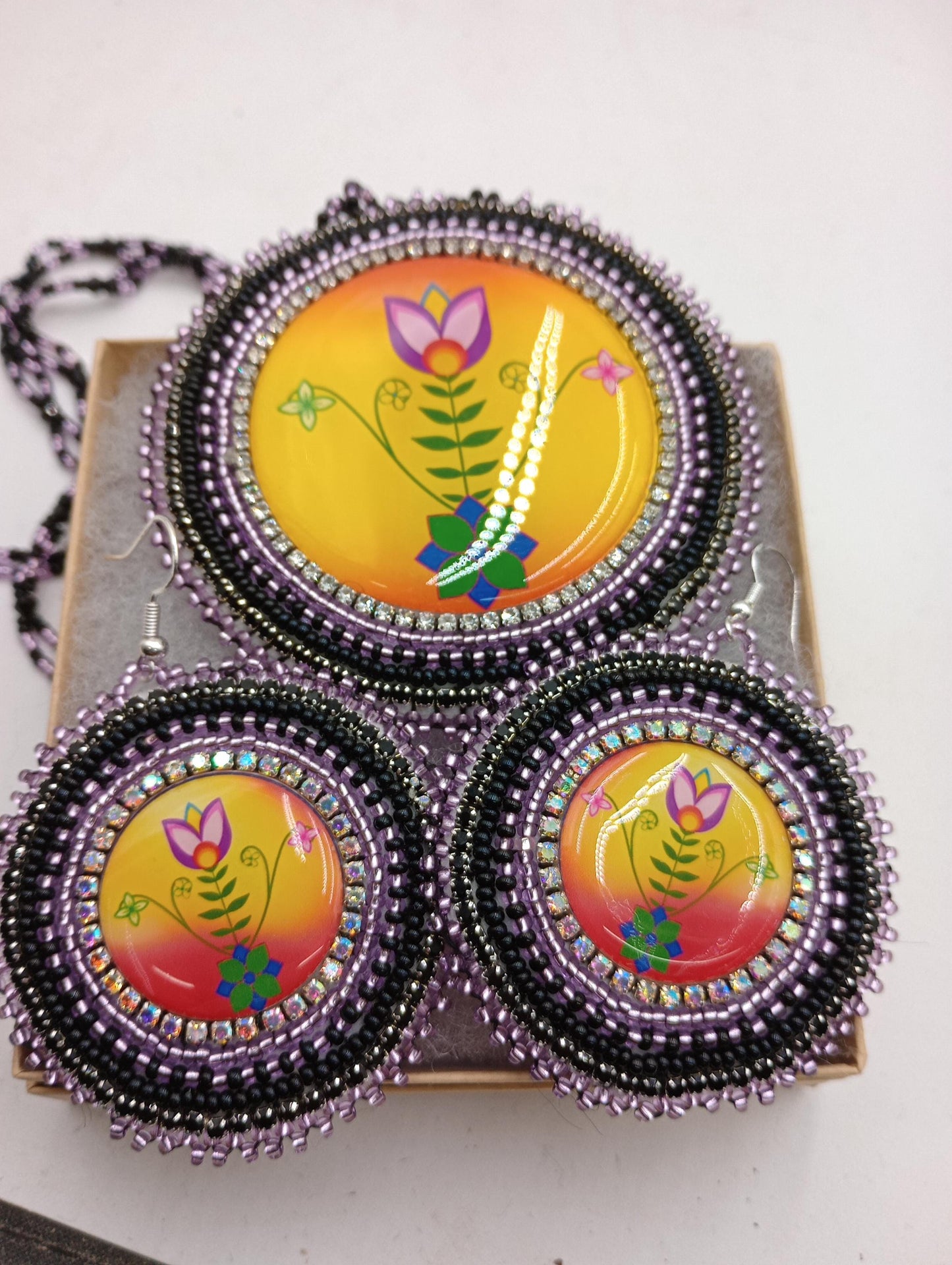 Ojibwe Floral Beadwork Necklace and Earrings: Anishinaabe Artisan Jewelry