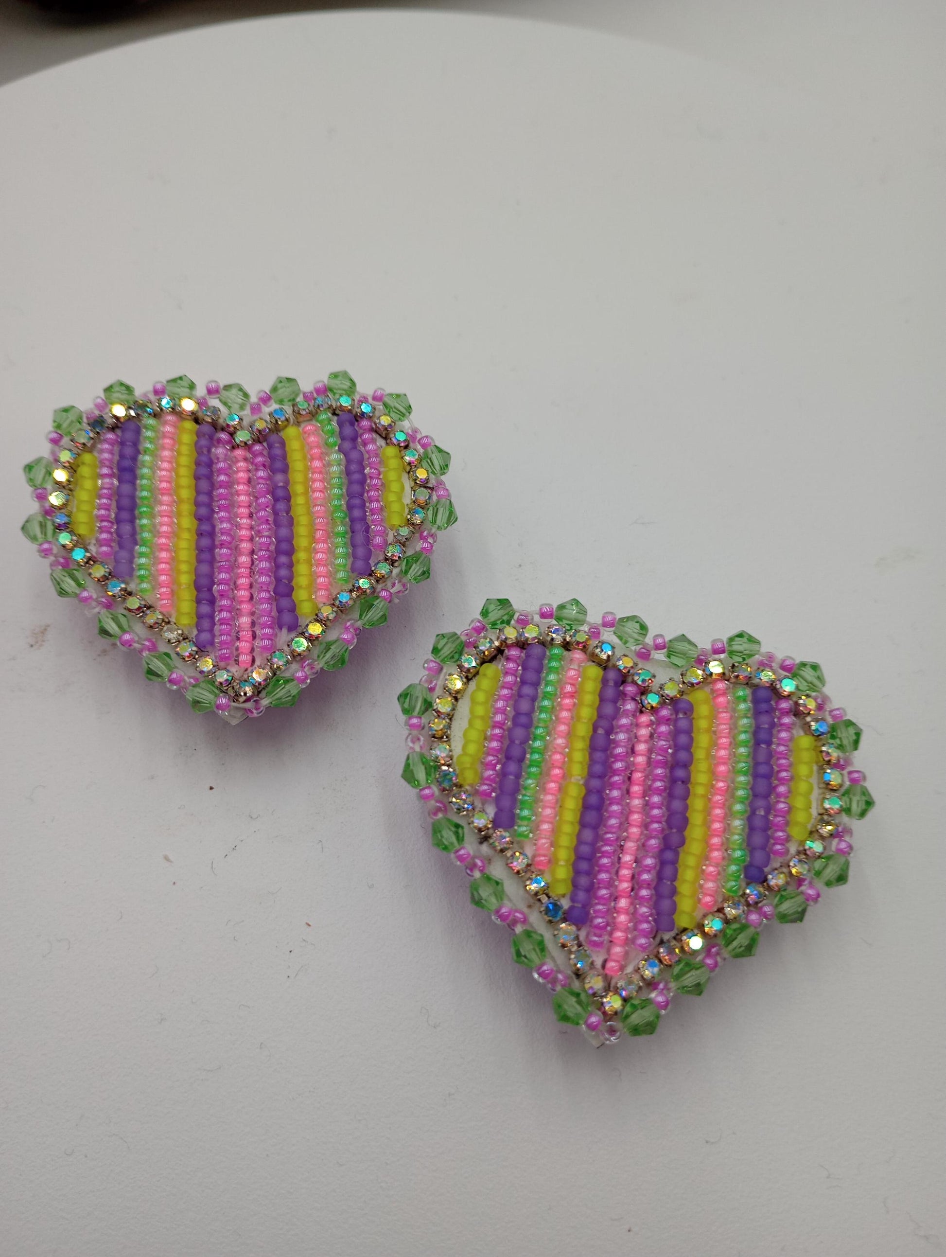 Shimmering Iridescent Heart Shaped Beaded Earrings