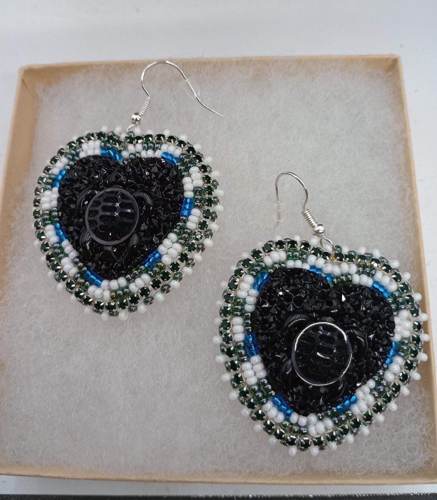 3D turtle Indigenous Beaded Heart Earrings – Black Turtle, Czech Glass