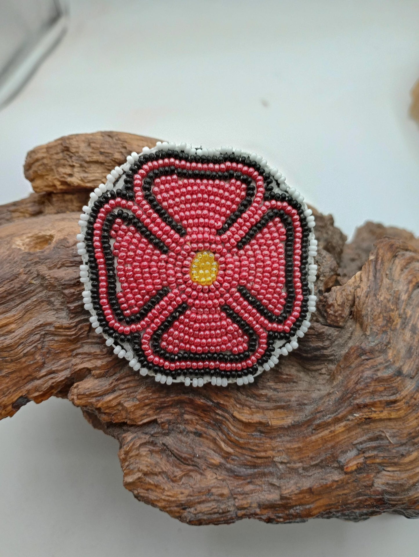 Bold Red Beaded Poppy Flower Pin-Indigenous, Hand Made
