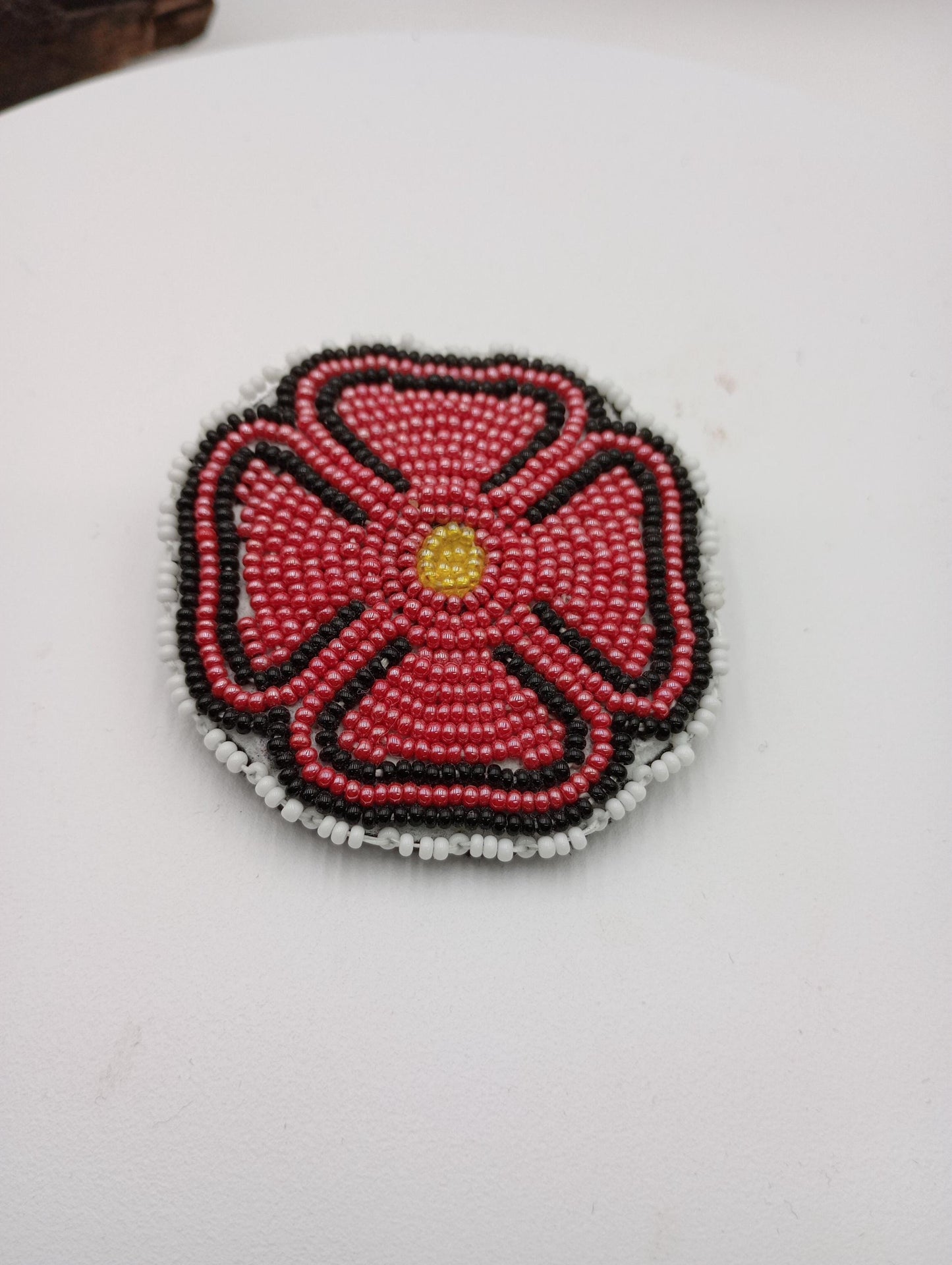 Bold Red Beaded Poppy Flower Pin-Indigenous, Hand Made