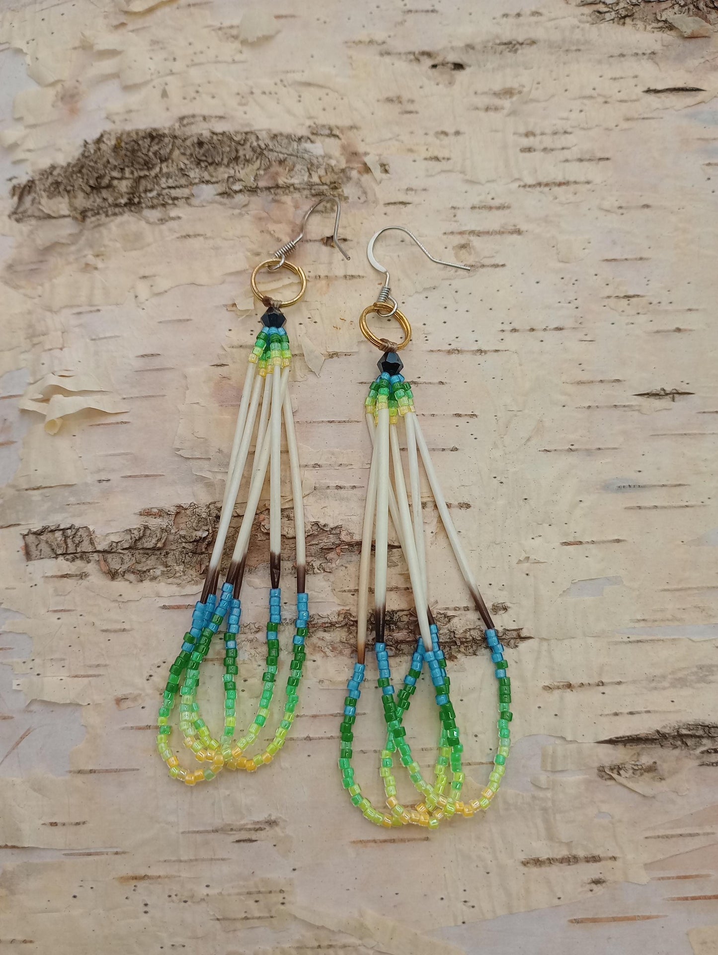 Porcupine quilled dangle earrings/Handmade-Ojibwe