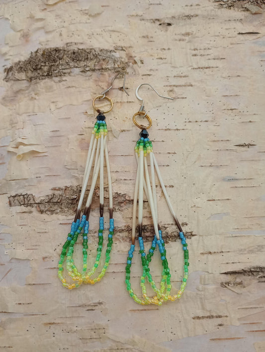 Porcupine quilled dangle earrings/Handmade-Ojibwe