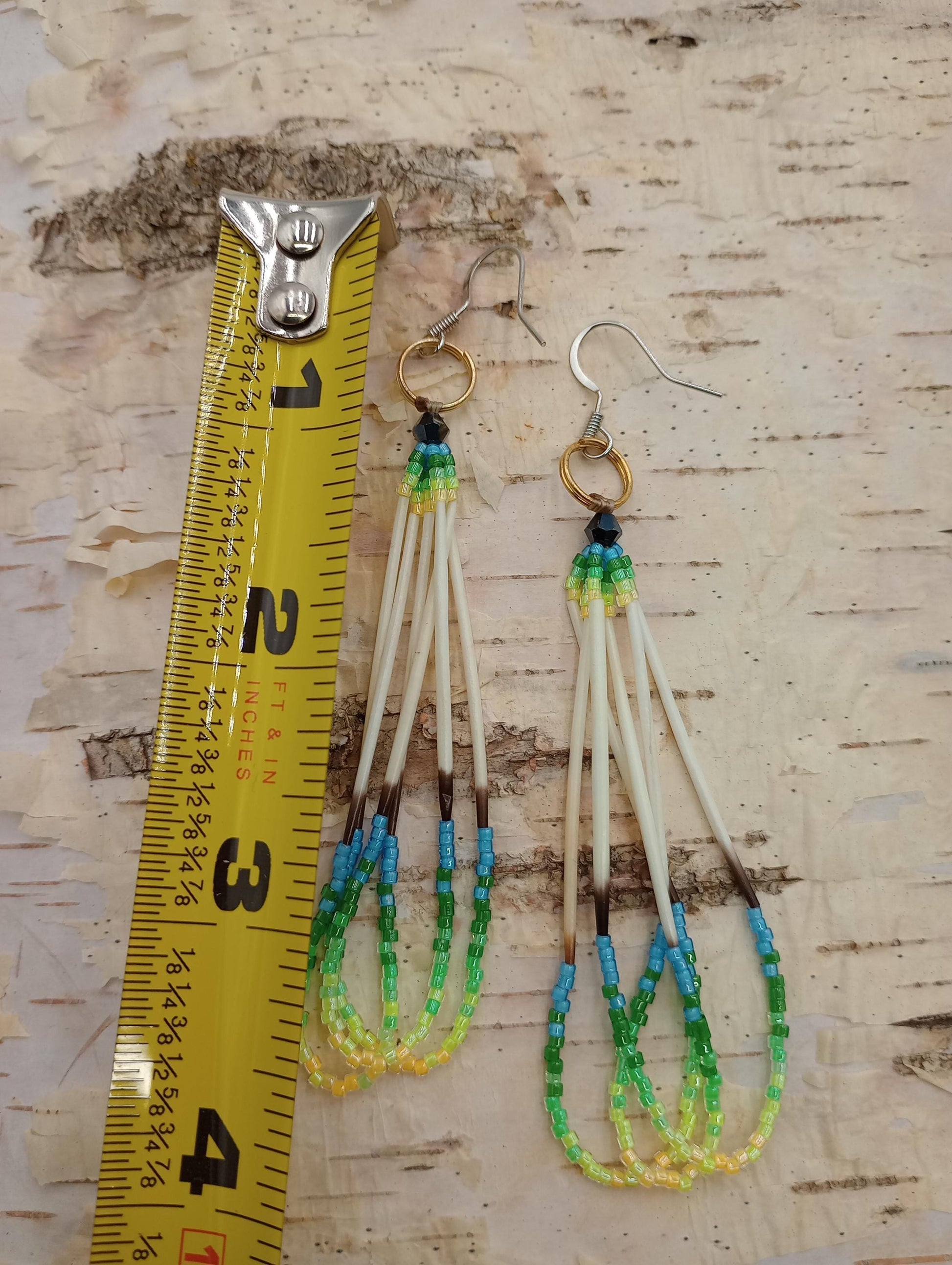 Porcupine quilled dangle earrings/Handmade-Ojibwe