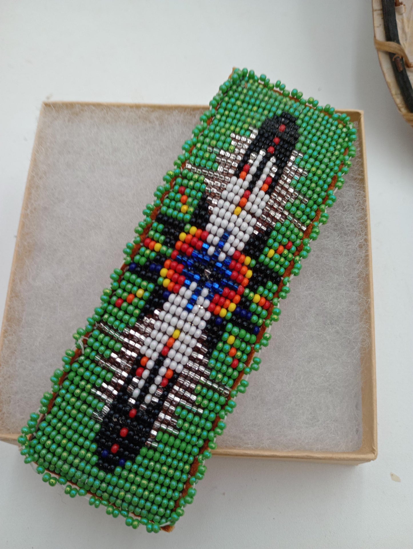 Loom Beaded Barrette: Ojibwe/Anishinaabe Made, Leather Backed