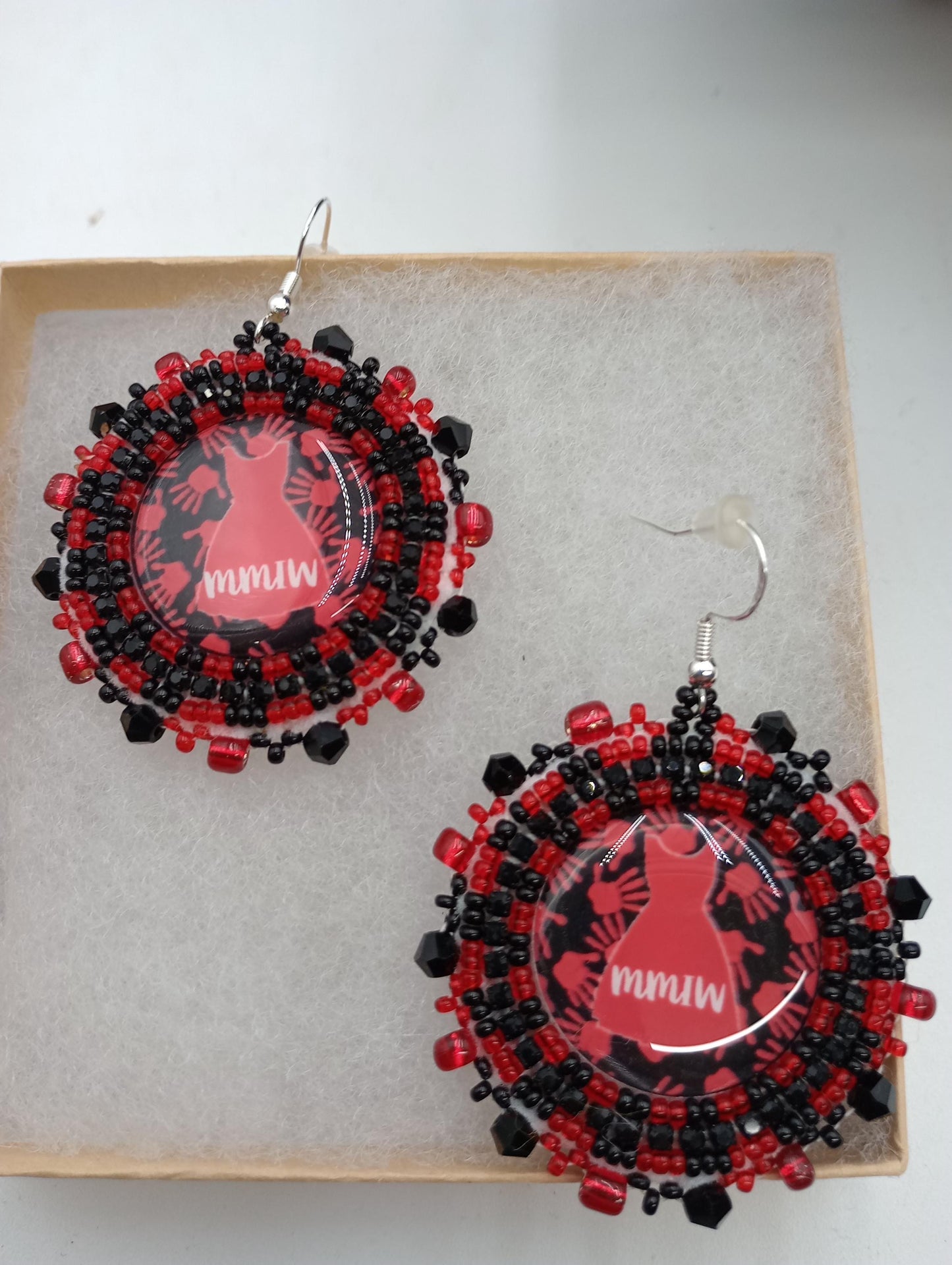 Red dress Mmiw Earrings: Anishinaabe Ojibwe Beadwork