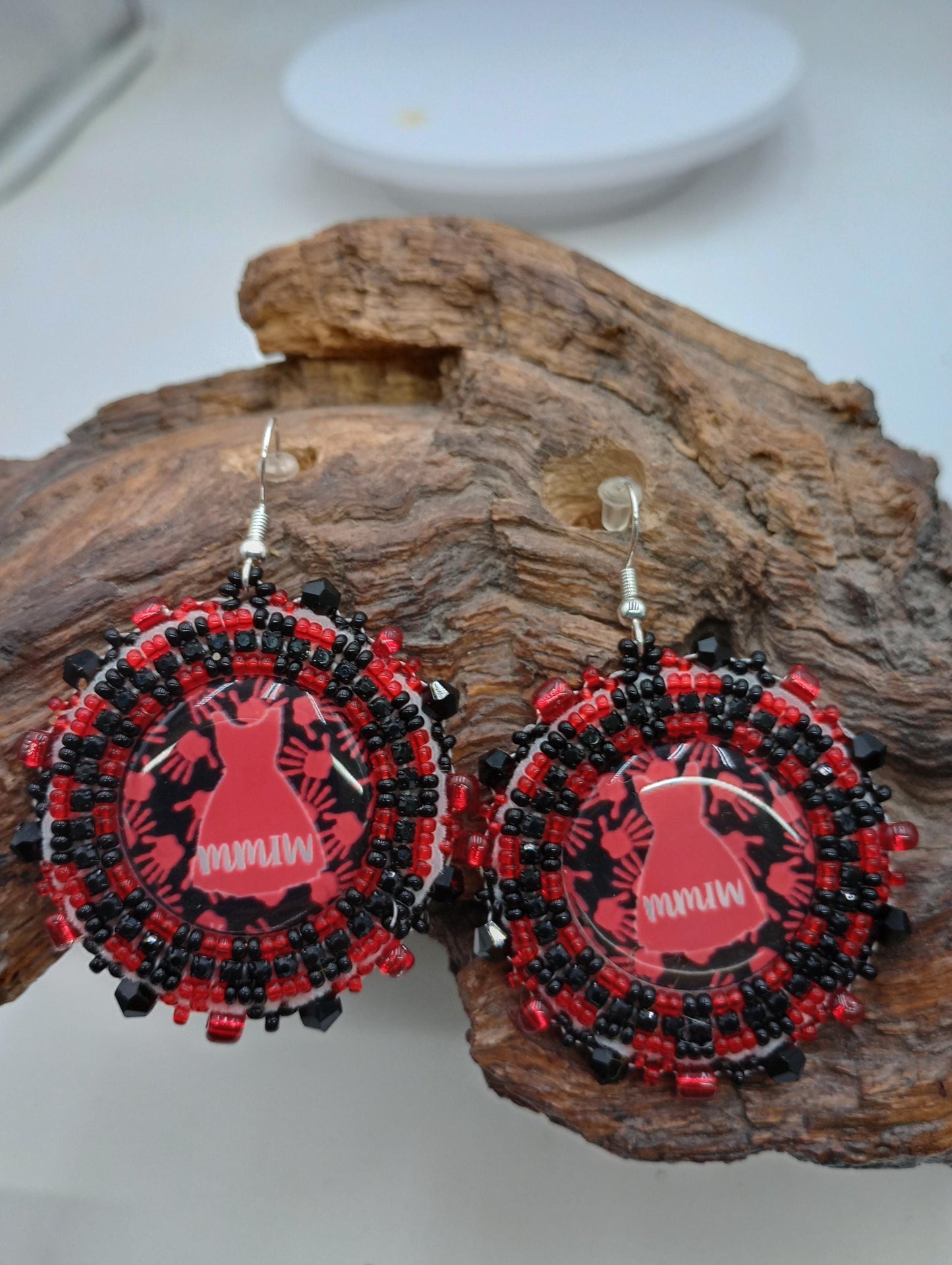 Red dress Mmiw Earrings: Anishinaabe Ojibwe Beadwork