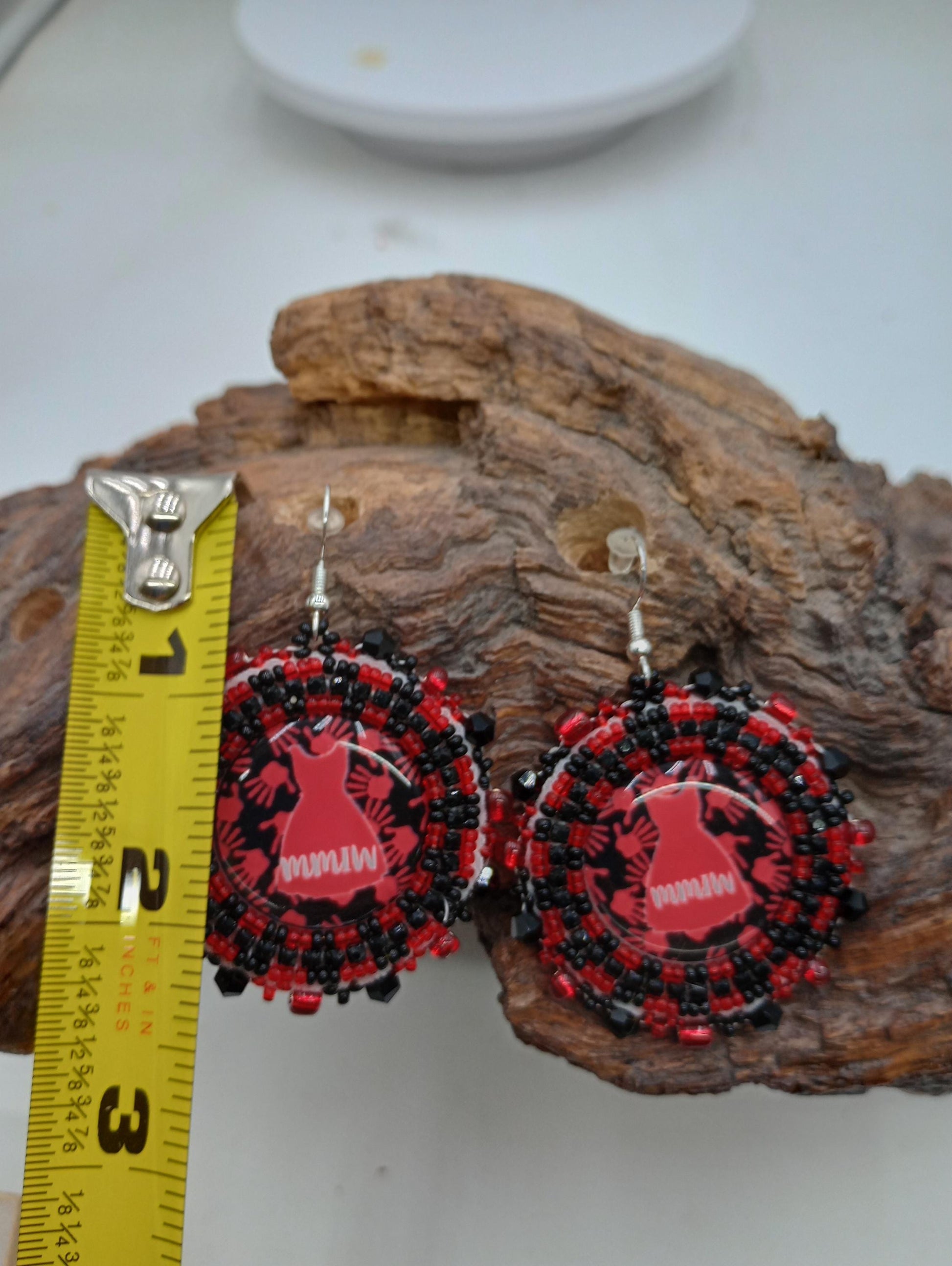 Red dress Mmiw Earrings: Anishinaabe Ojibwe Beadwork