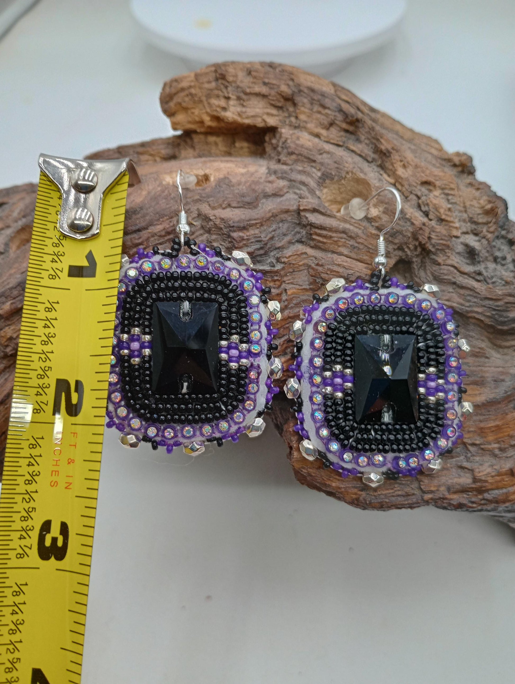 Purple Rain Beaded Earrings: Anishinaabe/Ojibwe Beadwork, Leather Backed