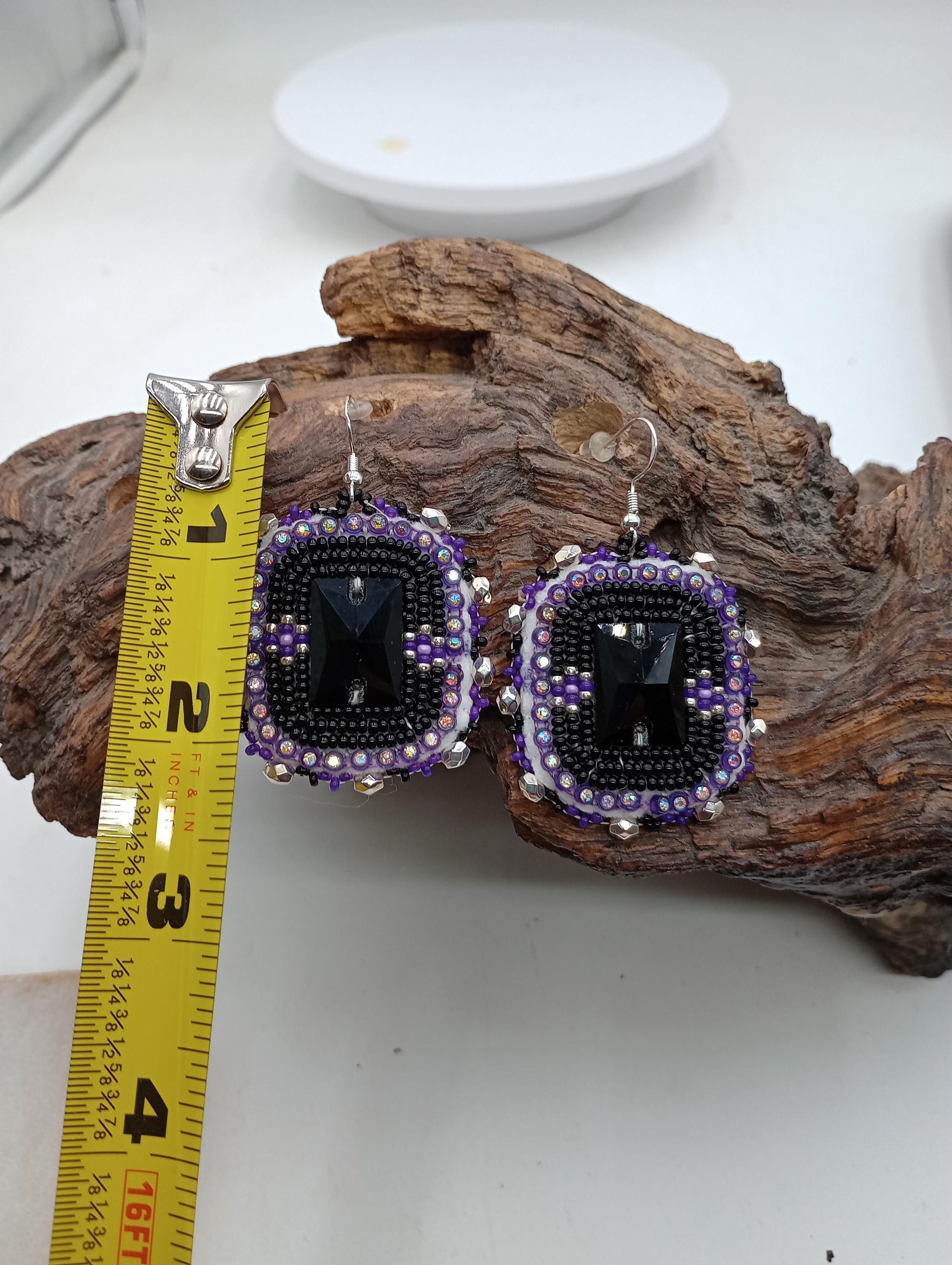 Purple Rain Beaded Earrings: Anishinaabe/Ojibwe Beadwork, Leather Backed