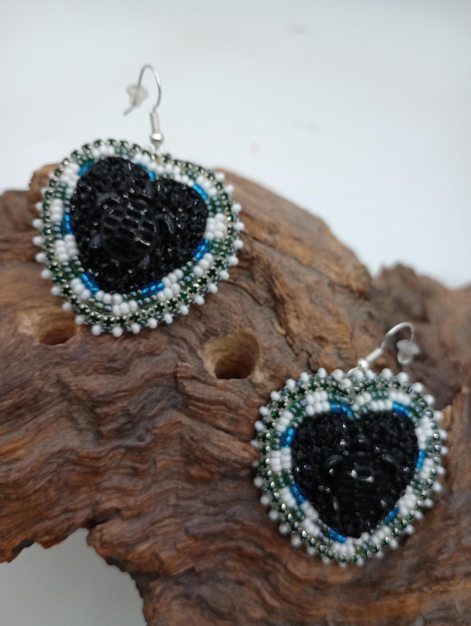 3D turtle Indigenous Beaded Heart Earrings – Black Turtle, Czech Glass