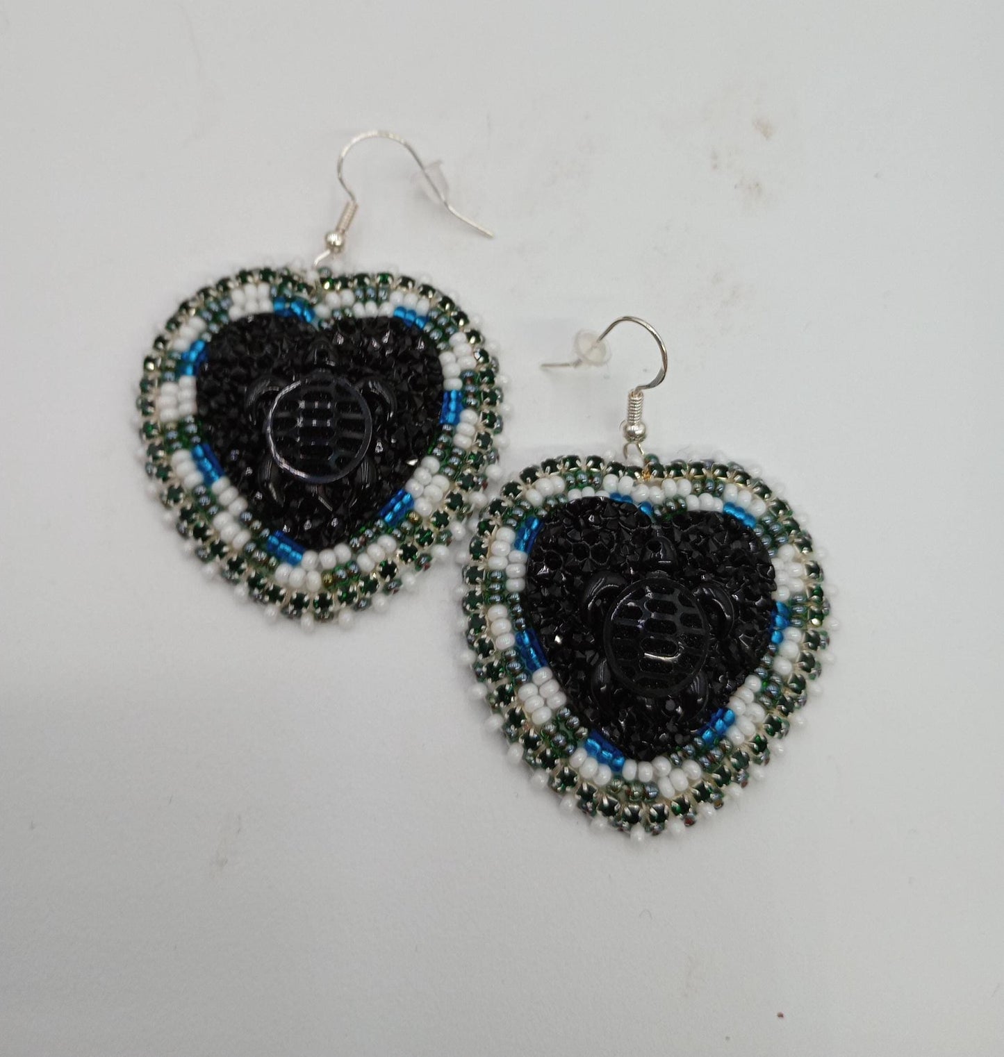 3D turtle Indigenous Beaded Heart Earrings – Black Turtle, Czech Glass