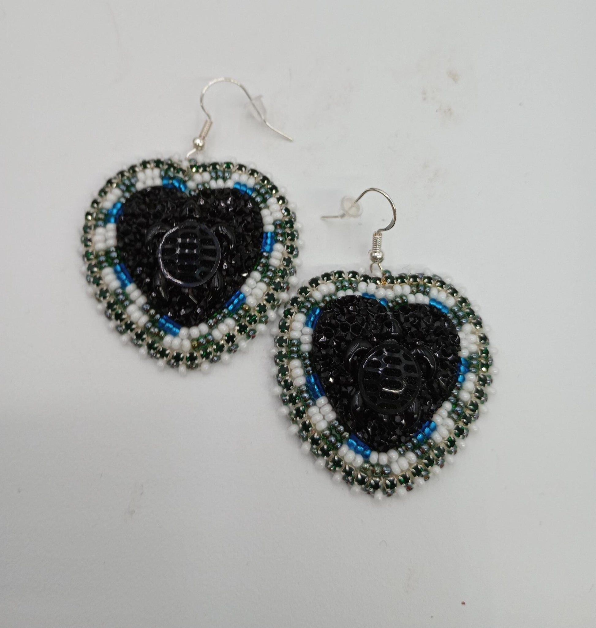 3D turtle Indigenous Beaded Heart Earrings – Black Turtle, Czech Glass