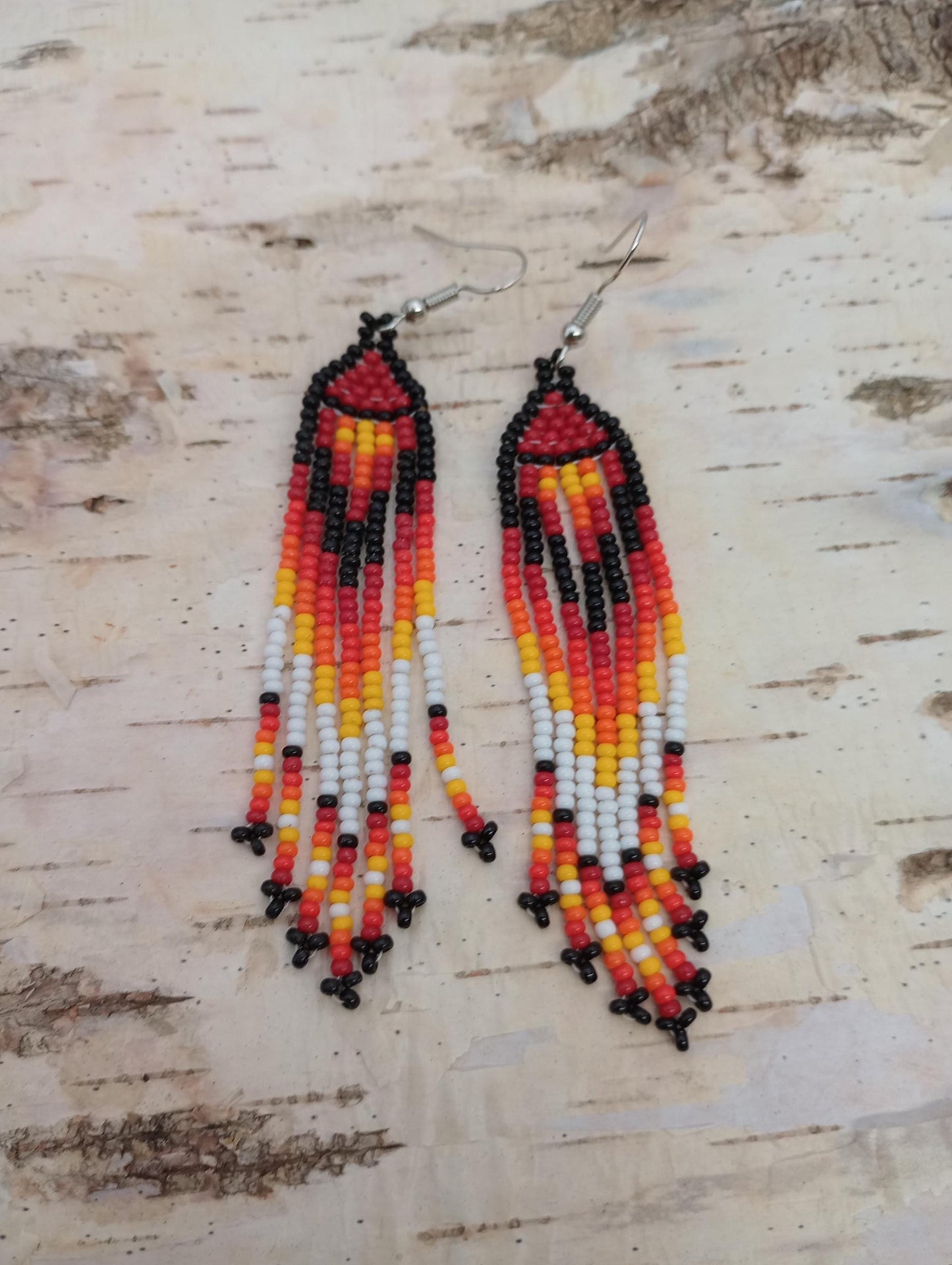 Anishinaabe Made Beaded Fringe Earrings – Fire Colors
