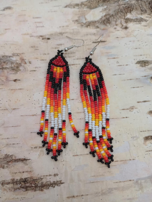 Anishinaabe Made Beaded Fringe Earrings – Fire Colors