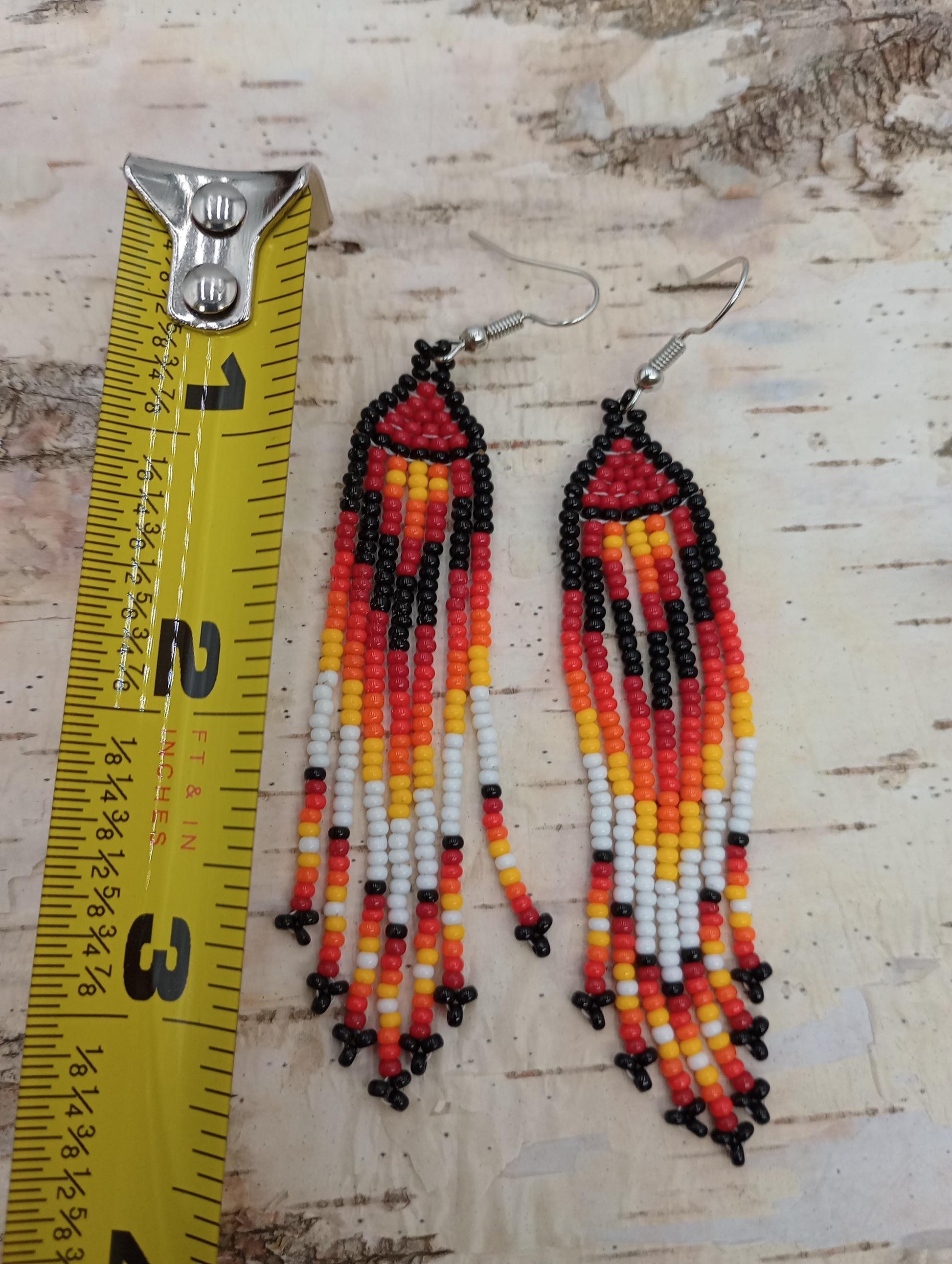Anishinaabe Made Beaded Fringe Earrings – Fire Colors