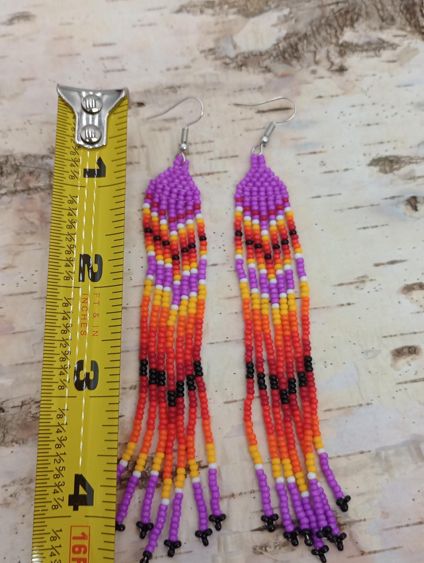 Shades of Lavender & fire colors - Fringe Earrings - Anishinaabe/Ojibwe made