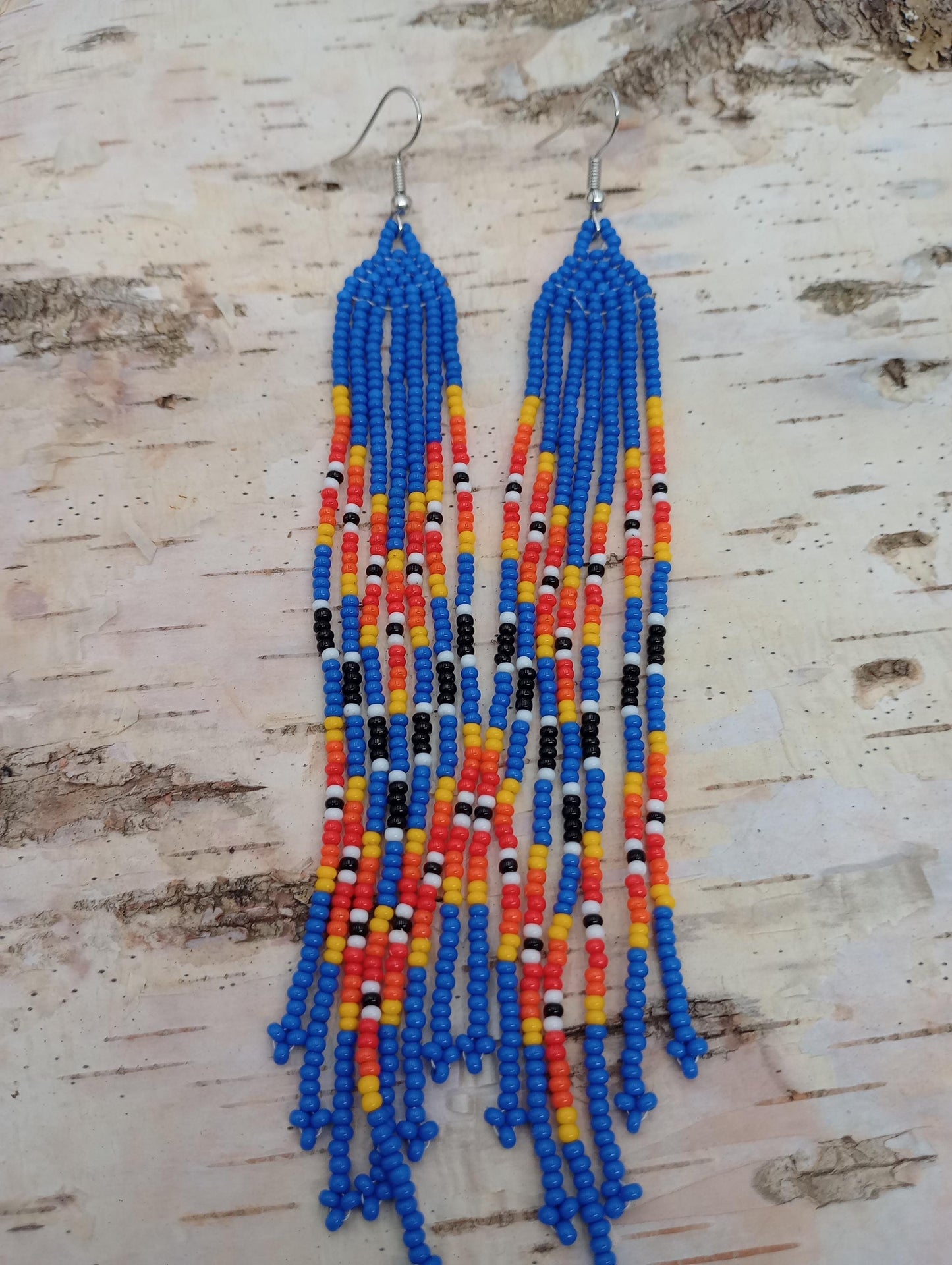 Handcrafted Blue Beaded Fringe Earrings – Anishinaabe Made
