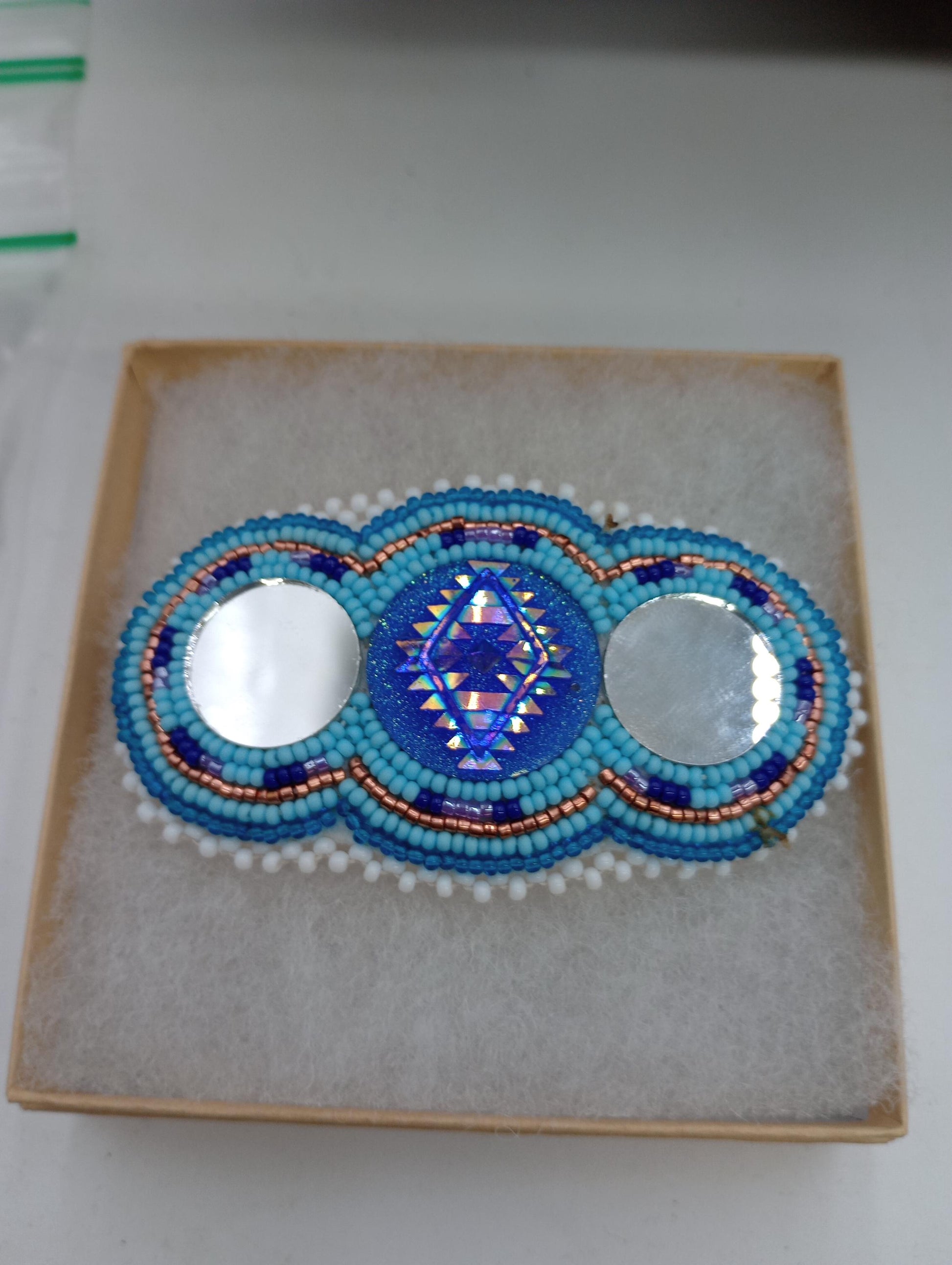 Sky blue mirror hair barrette Ojibwe made/Authentic