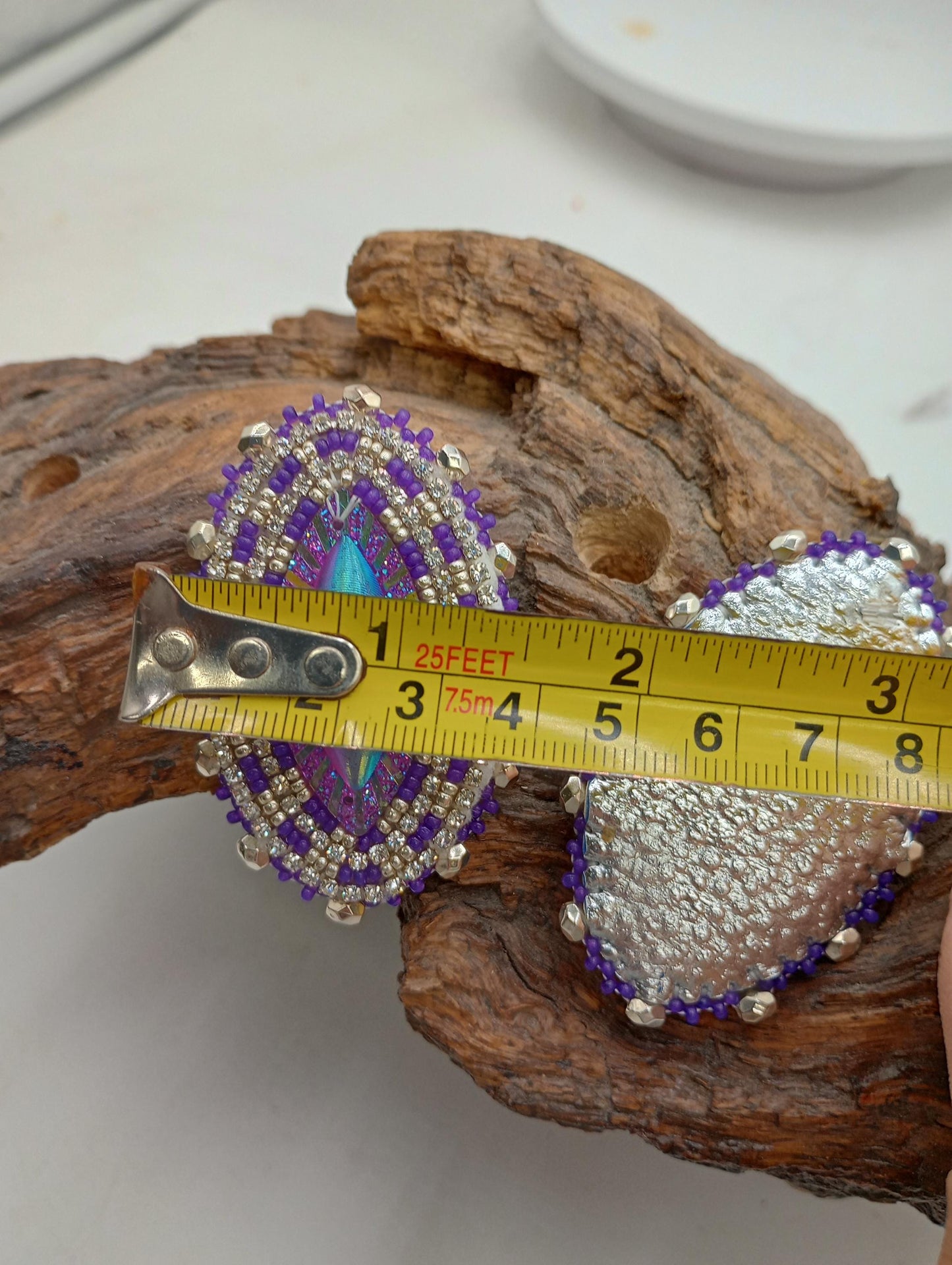 Handmade Beaded Oval Earrings: Ojibwe Style, Iridescent Resin