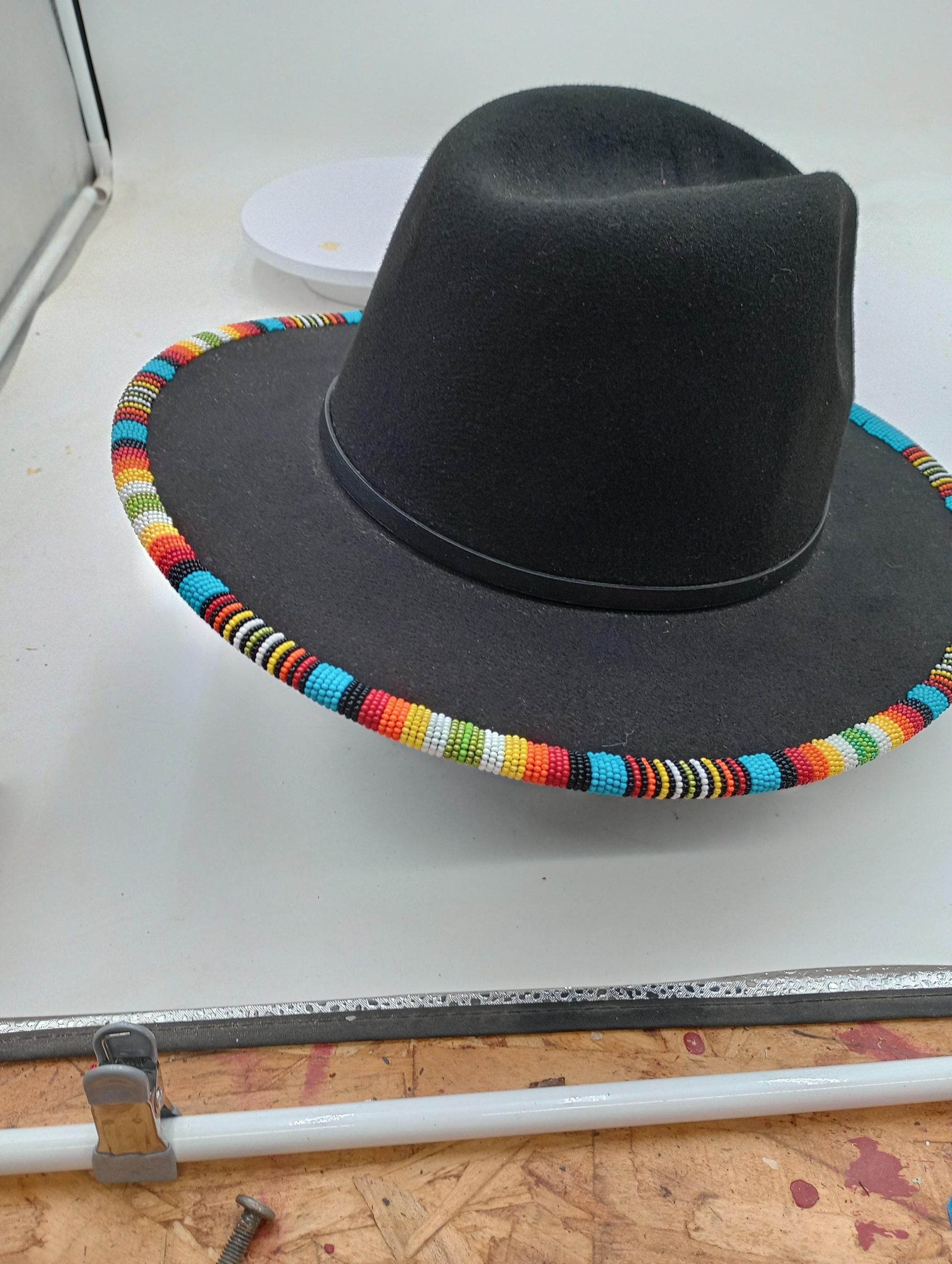 Turquoise and Fire Colors Beaded Felt Fedora- Anishinaabe/Ojibwe Beading - Free Shipping