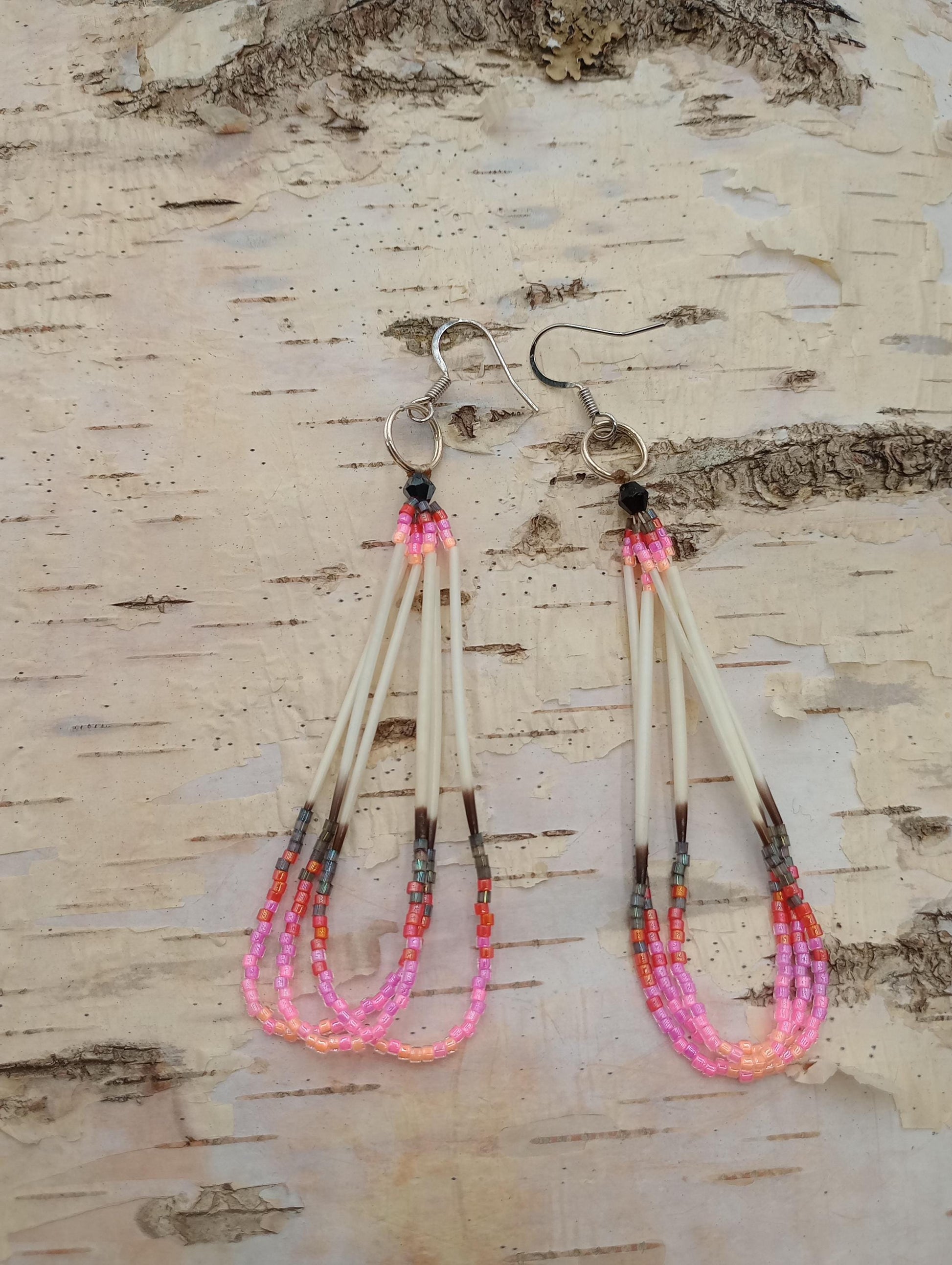 Porcupine quilled dangle earrings/Handmade-Ojibwe