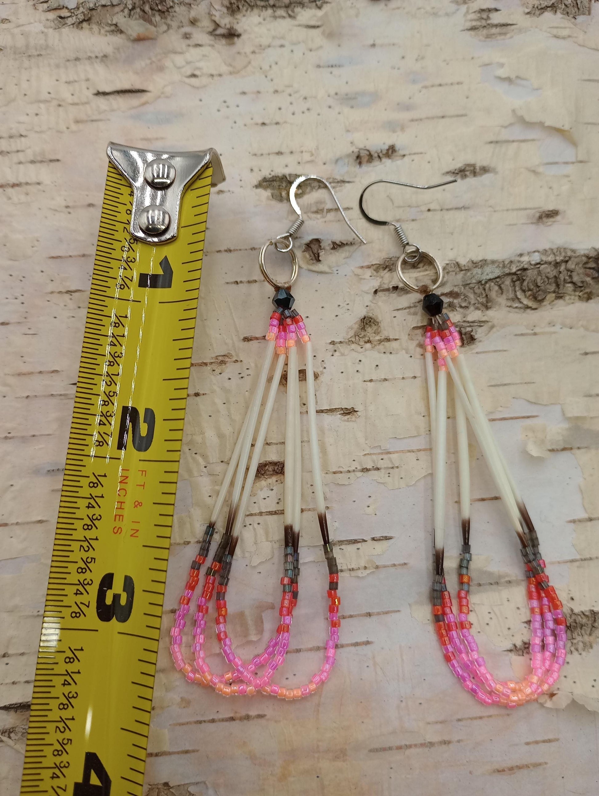 Porcupine quilled dangle earrings/Handmade-Ojibwe