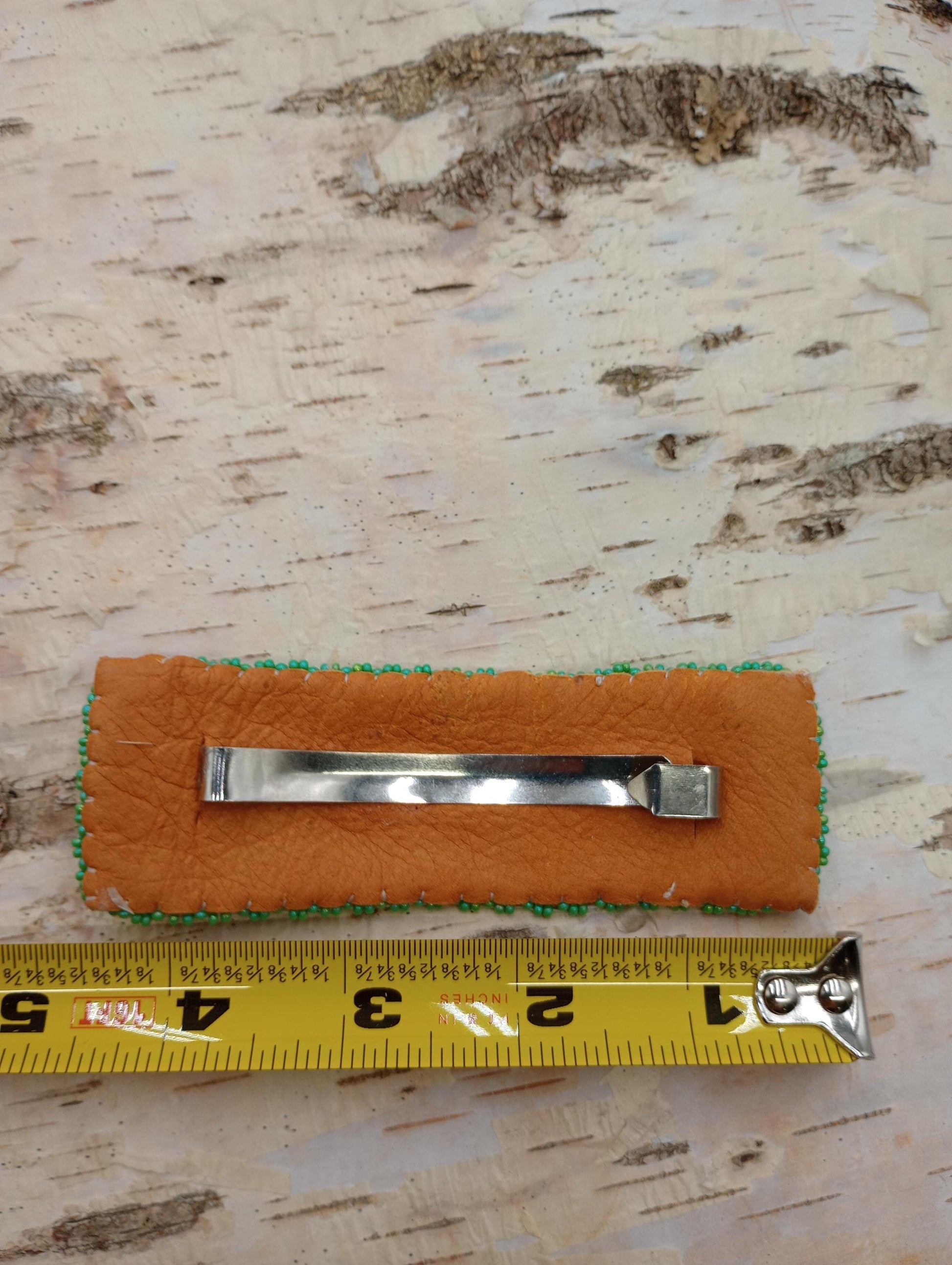 Loom Beaded Barrette: Ojibwe/Anishinaabe Made, Leather Backed