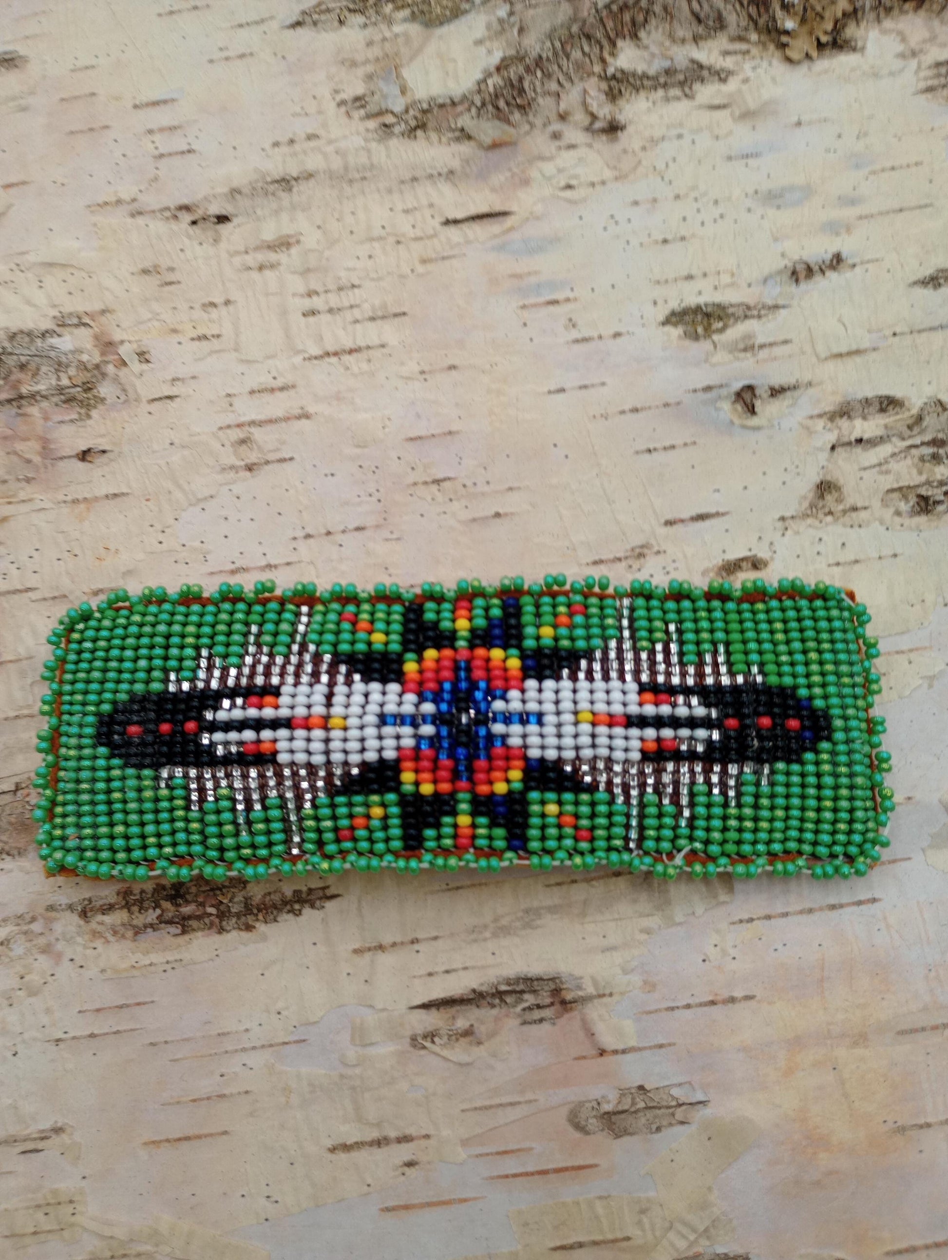 Loom Beaded Barrette: Ojibwe/Anishinaabe Made, Leather Backed