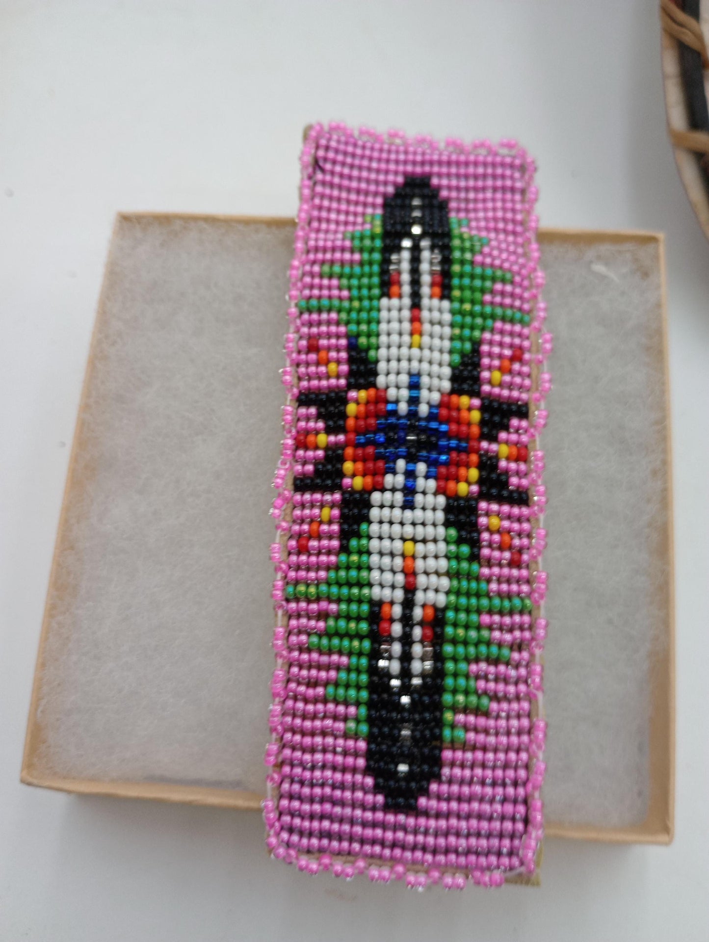 Loom Beaded Feather Hair Barrette - Native Made - Leather Backing