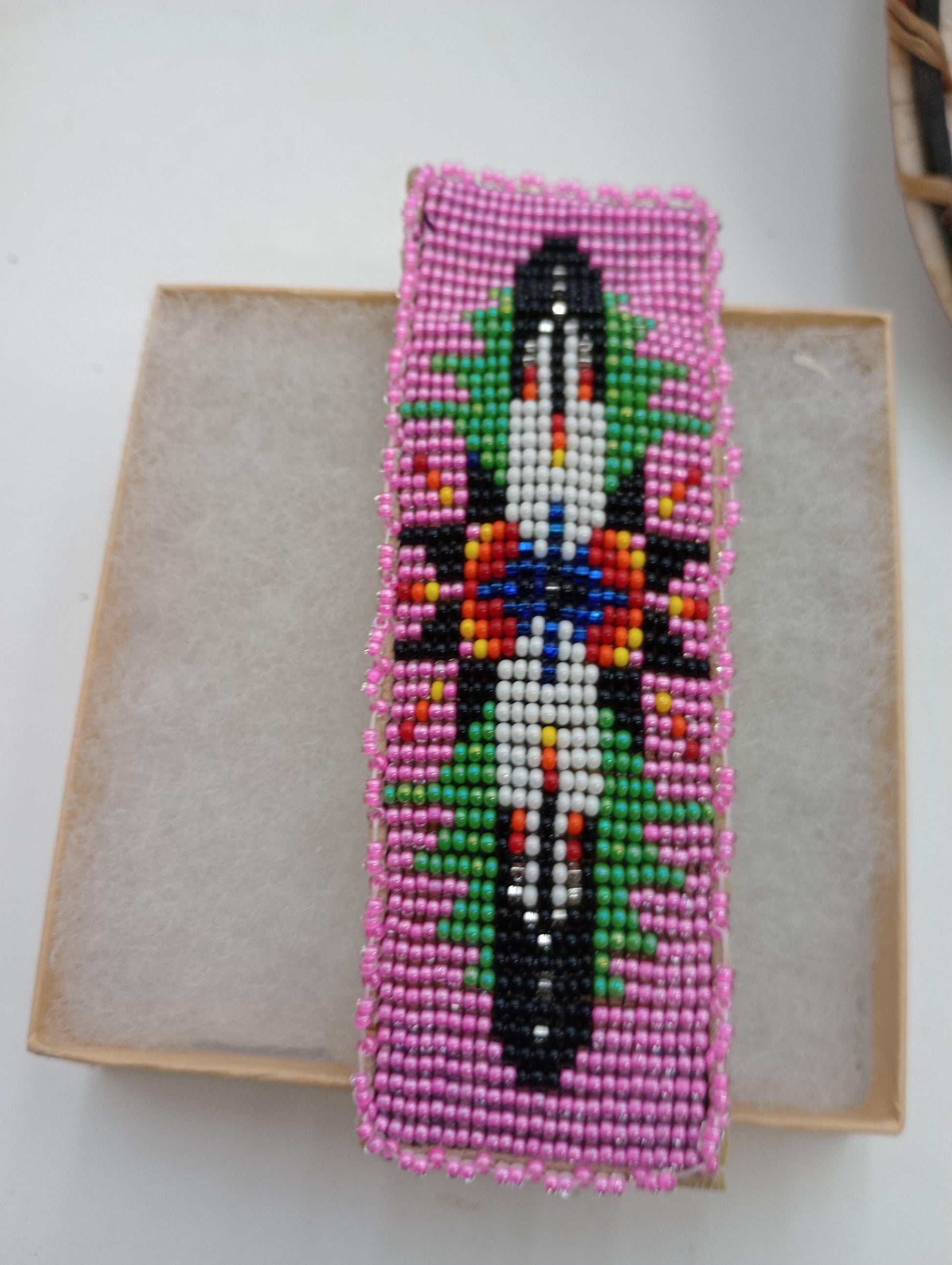Loom Beaded Feather Hair Barrette - Native Made - Leather Backing