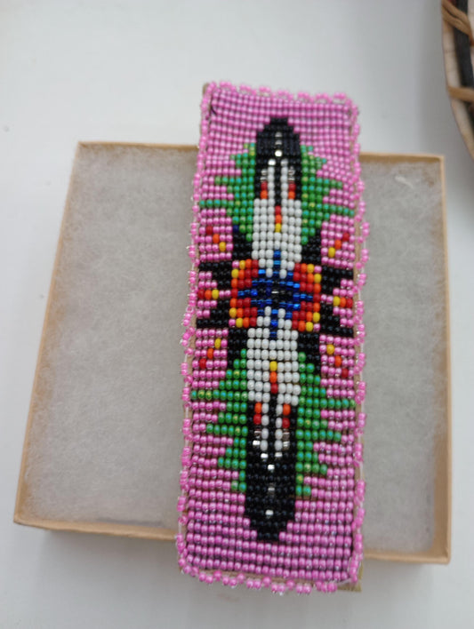 Loom Beaded Feather Hair Barrette - Native Made - Leather Backing
