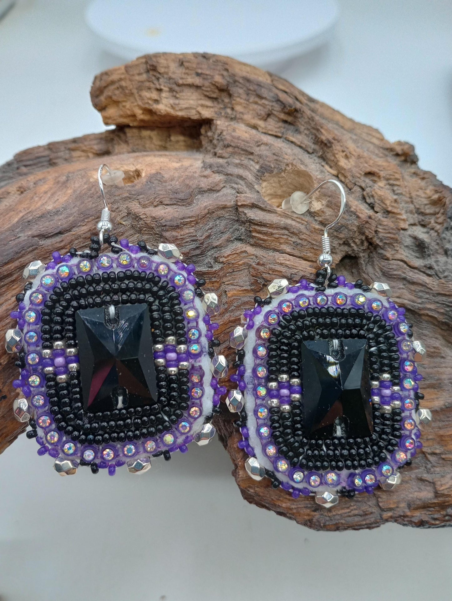 Purple Rain Beaded Earrings: Anishinaabe/Ojibwe Beadwork, Leather Backed