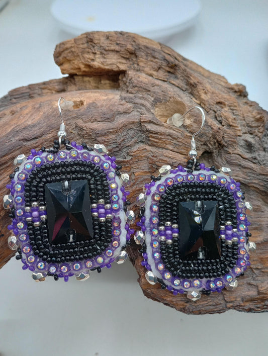 Purple Rain Beaded Earrings: Anishinaabe/Ojibwe Beadwork, Leather Backed