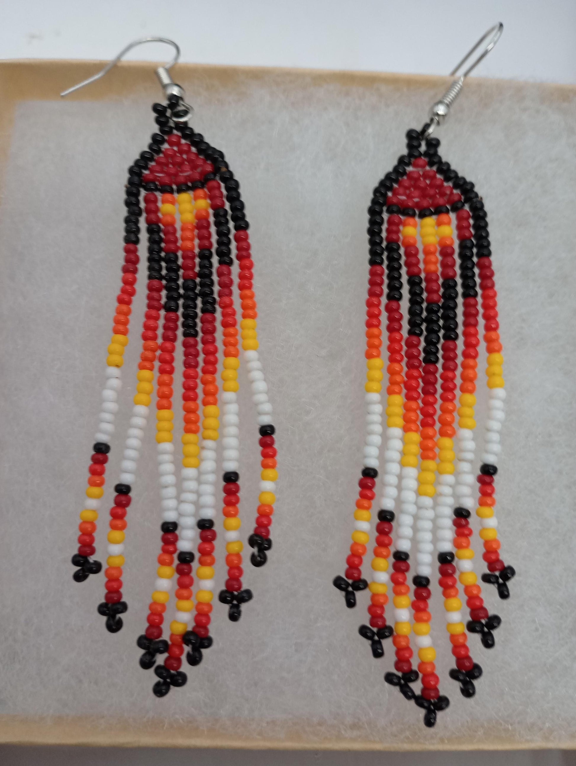 Anishinaabe Made Beaded Fringe Earrings – Fire Colors