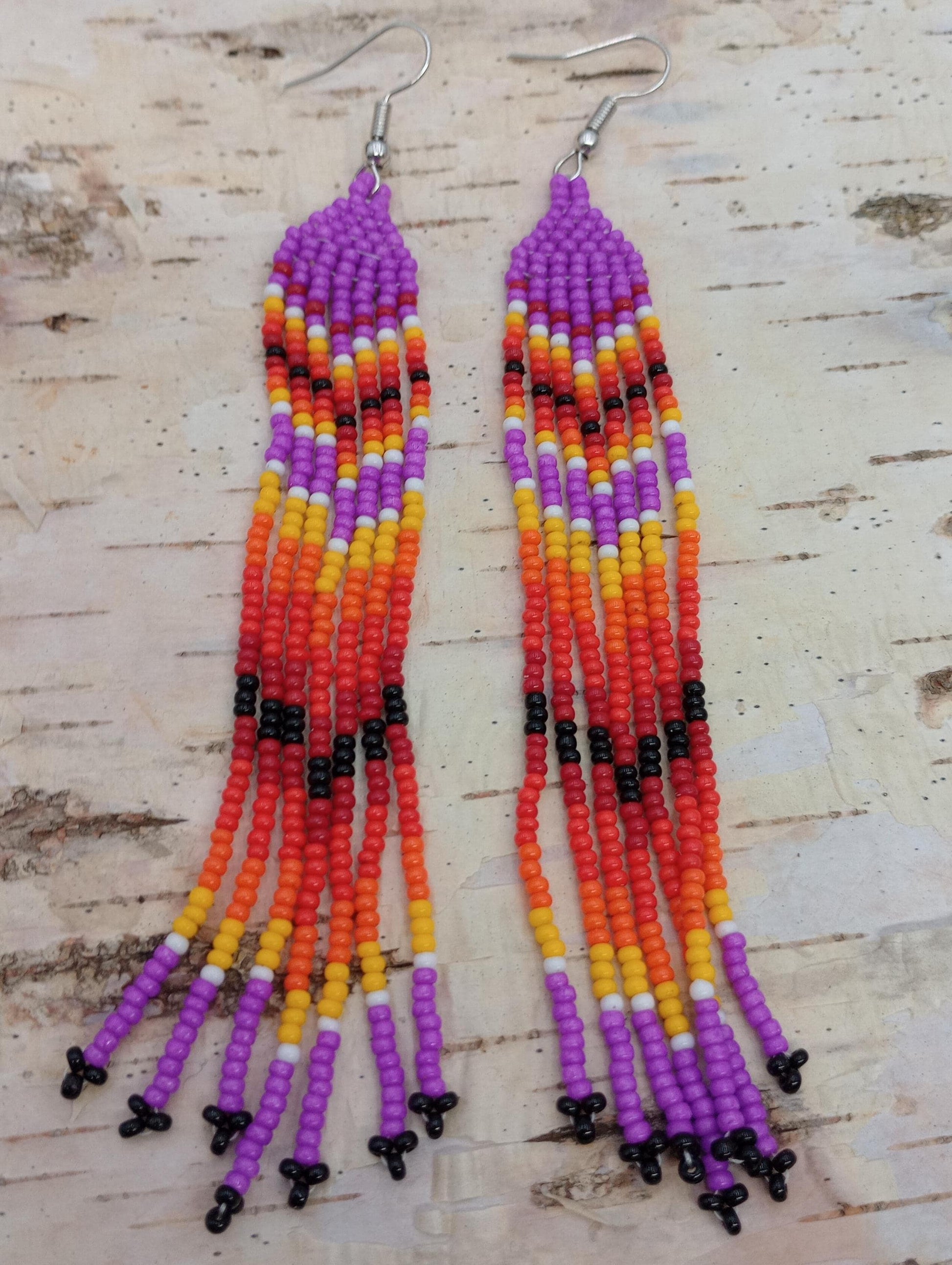 Shades of Lavender & fire colors - Fringe Earrings - Anishinaabe/Ojibwe made