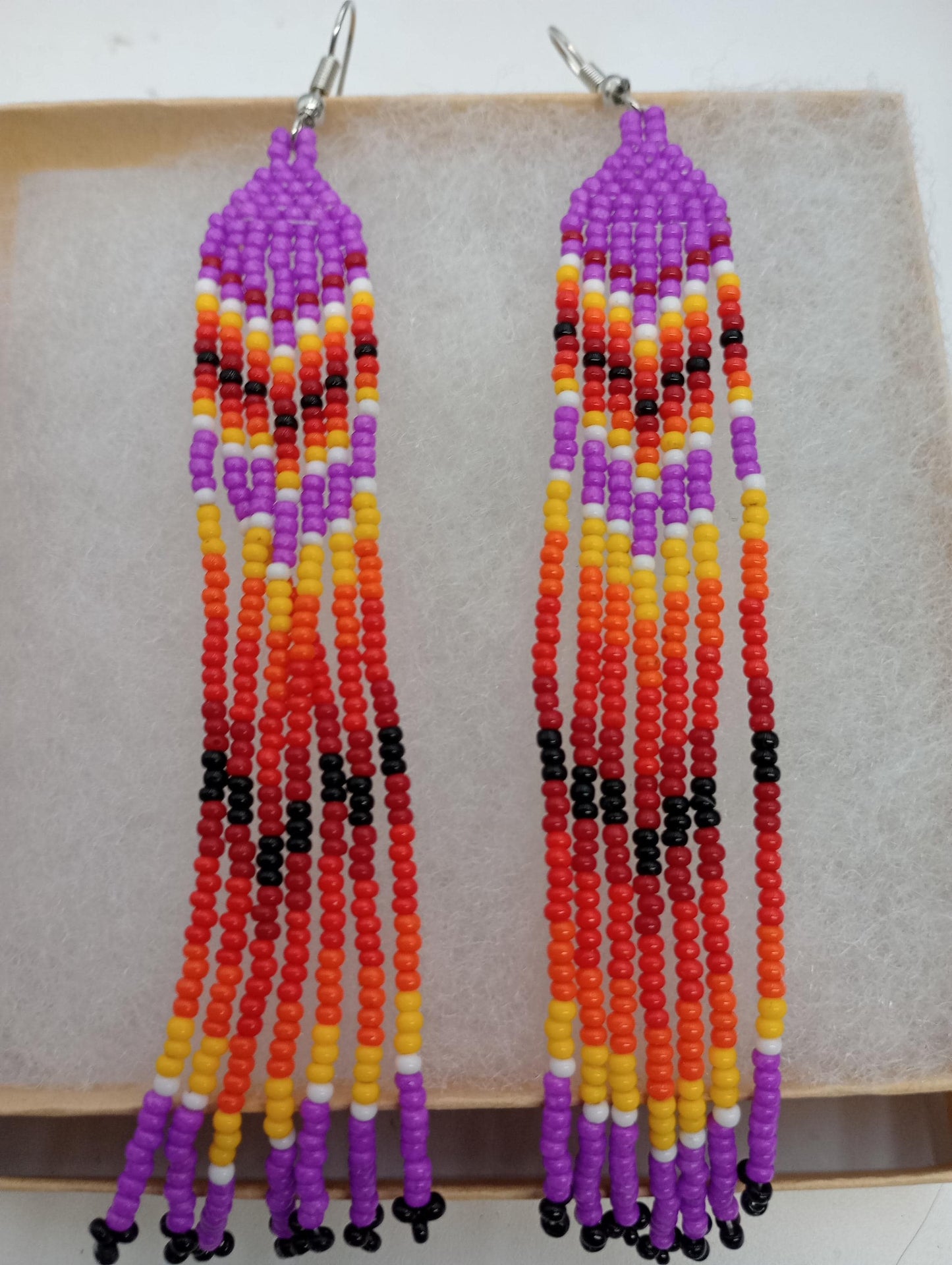 Shades of Lavender & fire colors - Fringe Earrings - Anishinaabe/Ojibwe made