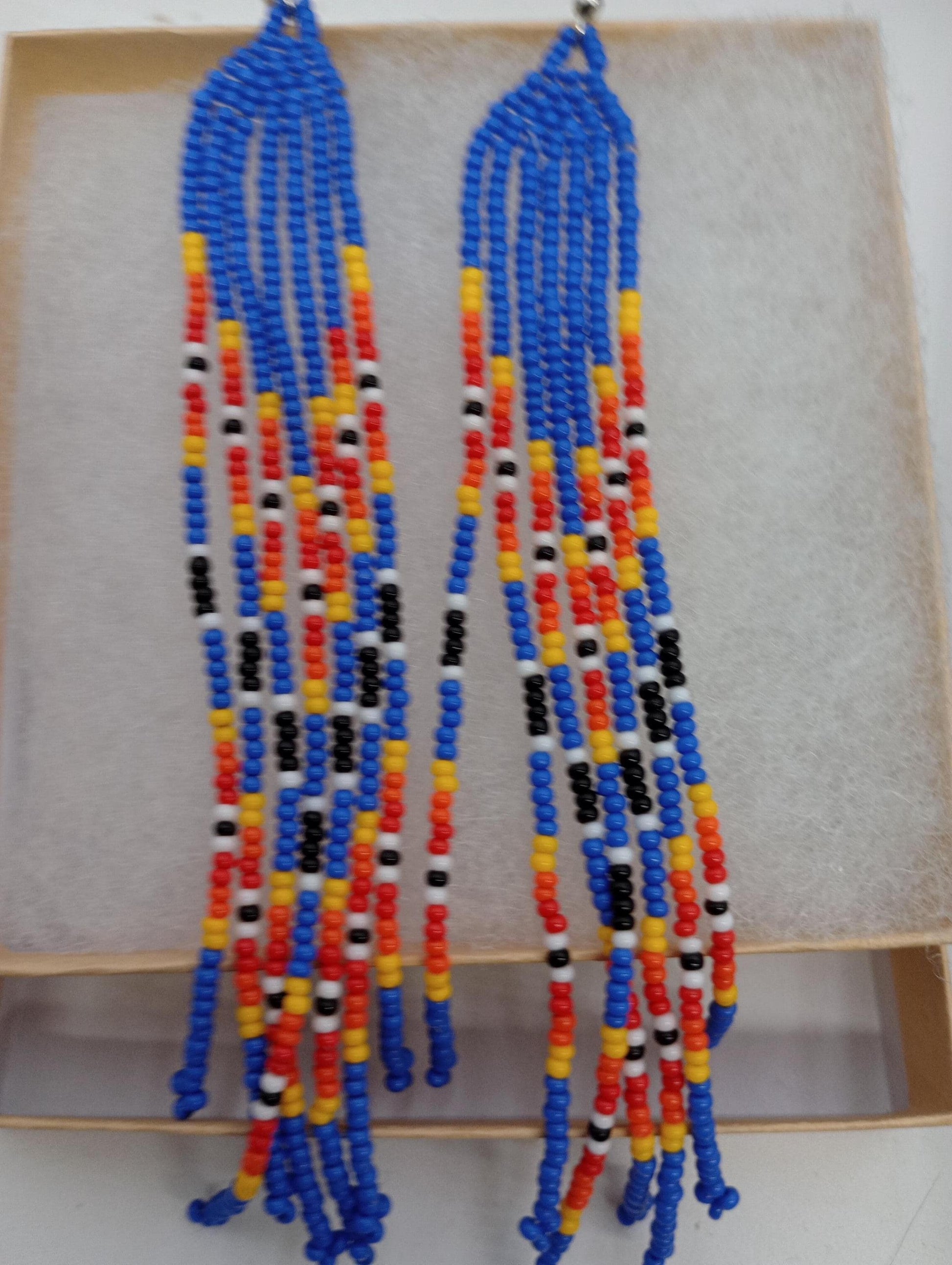 Handcrafted Blue Beaded Fringe Earrings – Anishinaabe Made
