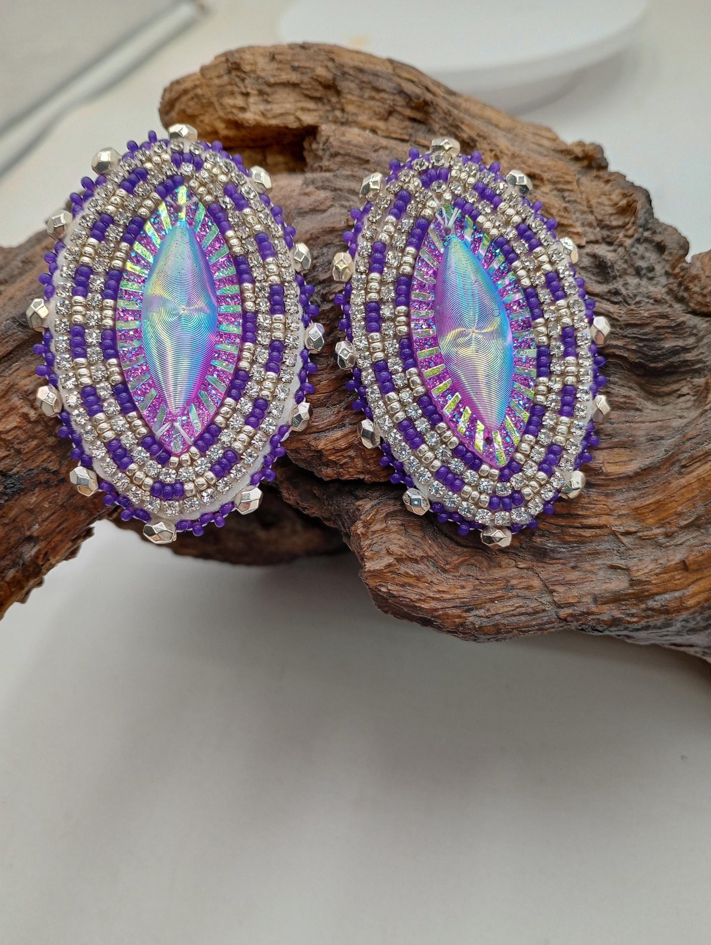 Handmade Beaded Oval Earrings: Ojibwe Style, Iridescent Resin