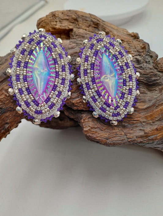 Handmade Beaded Oval Earrings: Ojibwe Style, Iridescent Resin