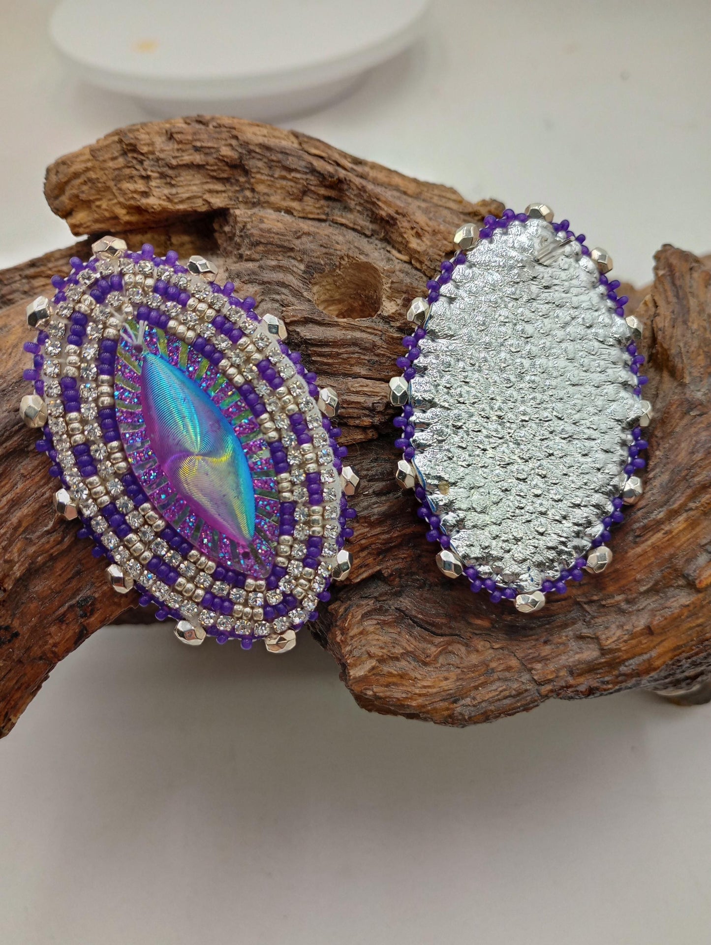 Handmade Beaded Oval Earrings: Ojibwe Style, Iridescent Resin
