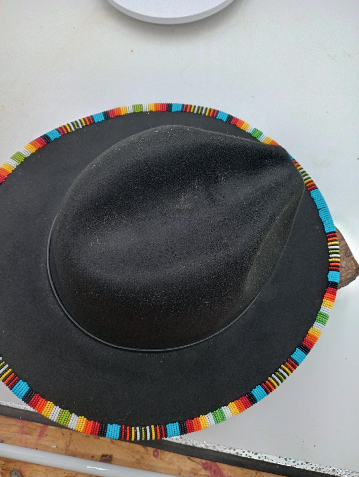 Turquoise and Fire Colors Beaded Felt Fedora- Anishinaabe/Ojibwe Beading - Free Shipping