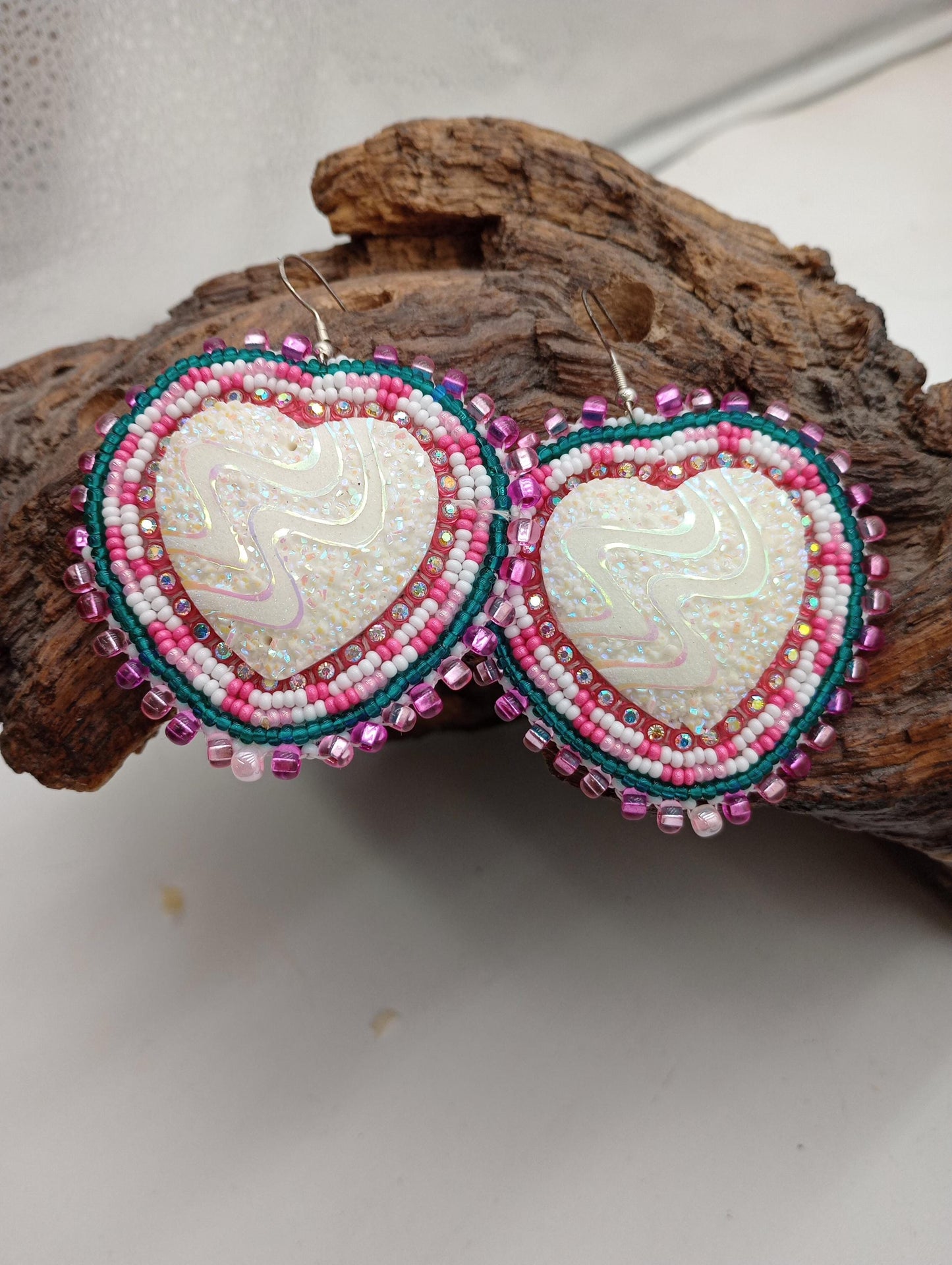 Hypnotizing Violet Shimmering Heart Earrings - Anishinaabe/Ojibwe Made