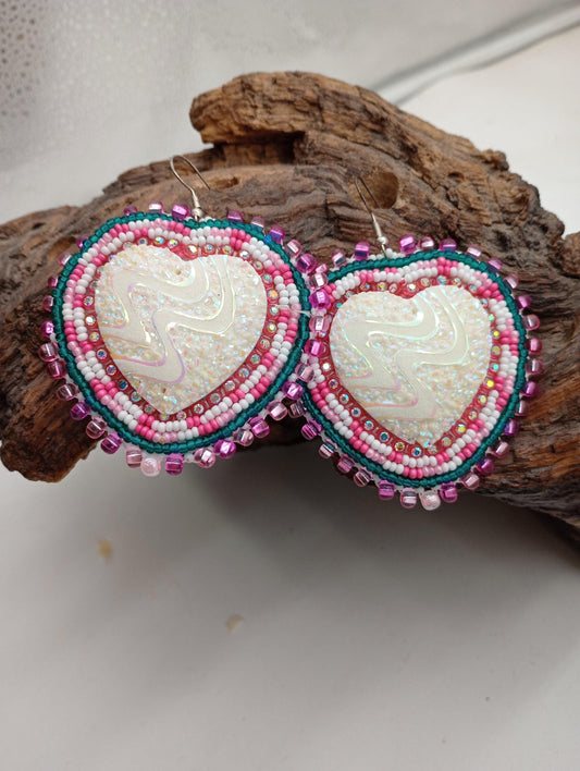 Hypnotizing Violet Shimmering Heart Earrings - Anishinaabe/Ojibwe Made